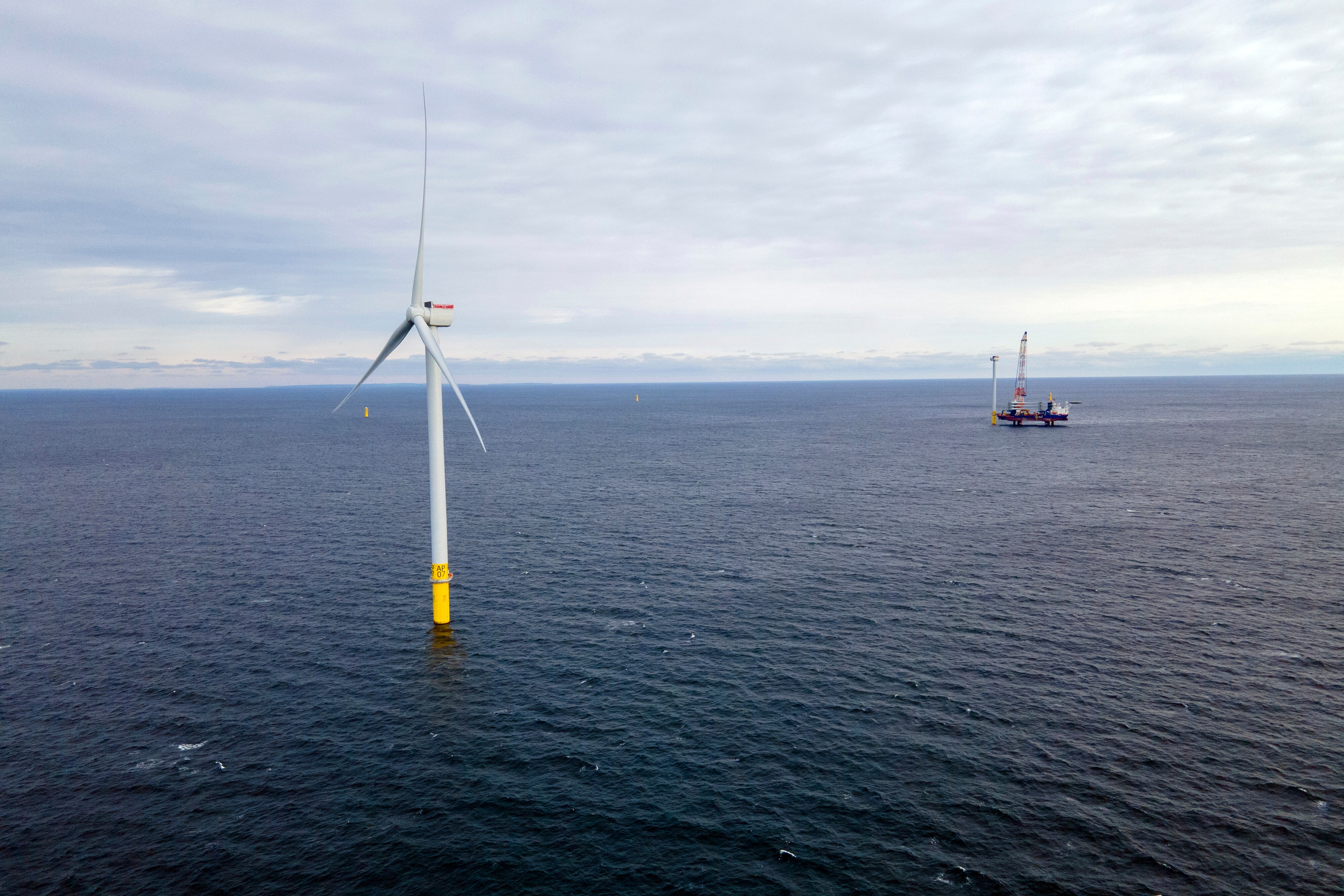 A wind turbine spins and generates power for the U.S. electric grid at the South Fork Wind farm in the Atlantic Ocean, 35 miles east of Montauk Point, New York, in 2023.