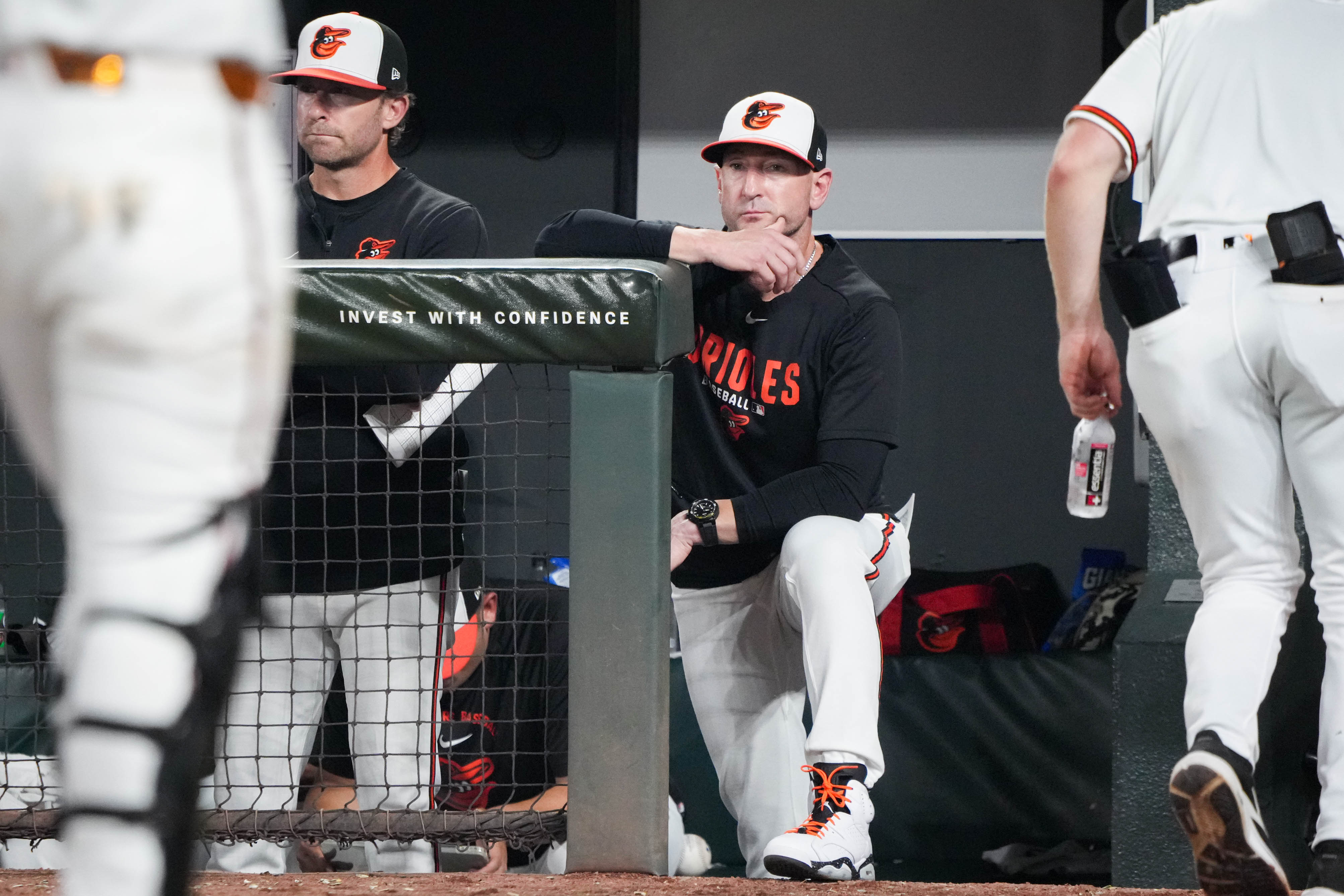 “I’m embarrassed,” Orioles manager Craig Albernaz said after a sweep by the Milwaukee Brewers. “Like, that’s not winning baseball. That’s not baseball, period.” Albernaz watches the Orioles from the dugout earlier this month.