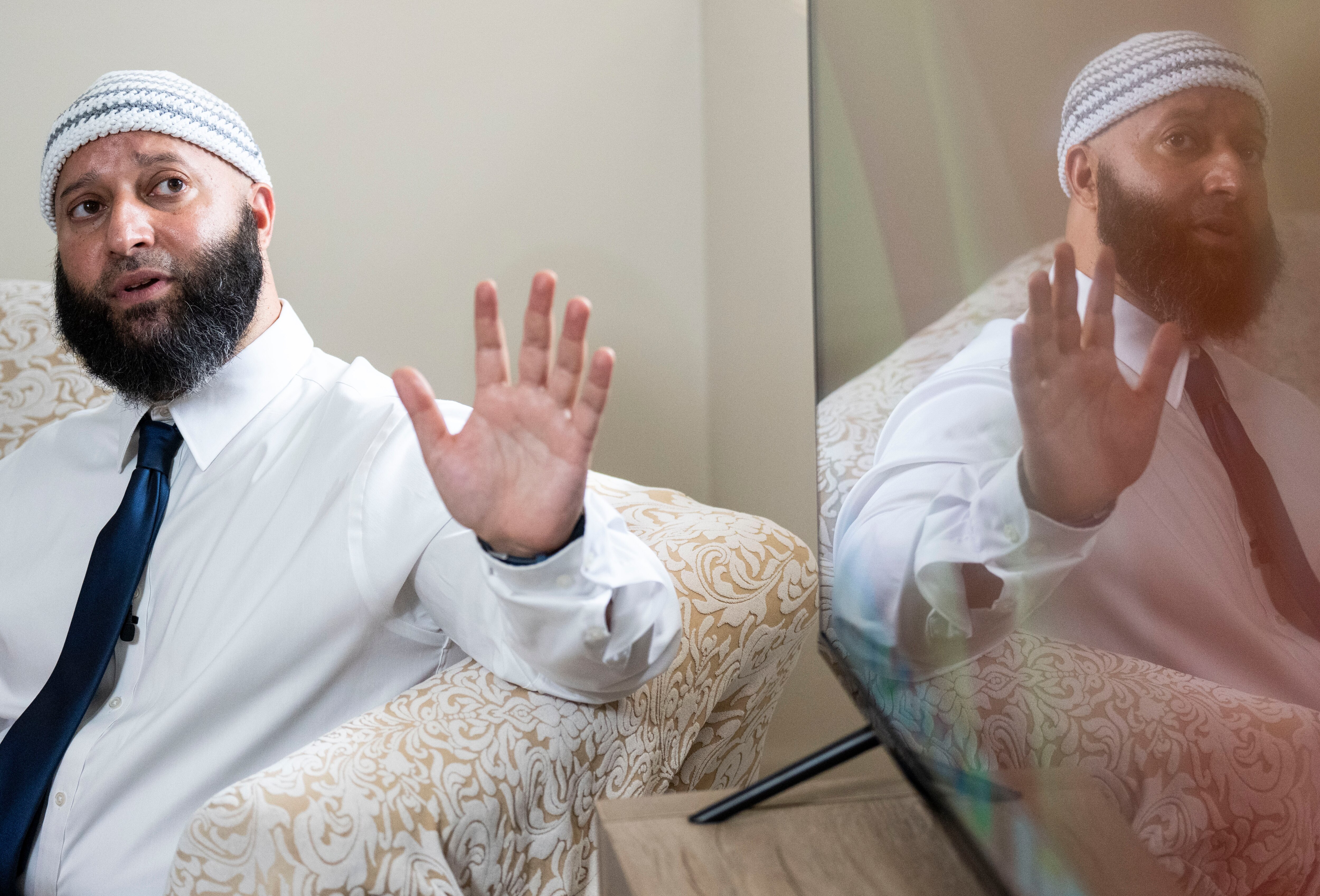 Adnan Syed, who served more than 20 years in prison in the killing of Hae Min Lee, his ex-girlfriend and classmate at Woodlawn High School, speaks to reporters on Tuesday, Sept. 19, 2023. He’s been free since 2022 when a Baltimore judge granted a motion to throw out his conviction. But a Maryland appeals court later ruled 2-1 to reinstate the conviction. The case is now before the Maryland Supreme Court.
