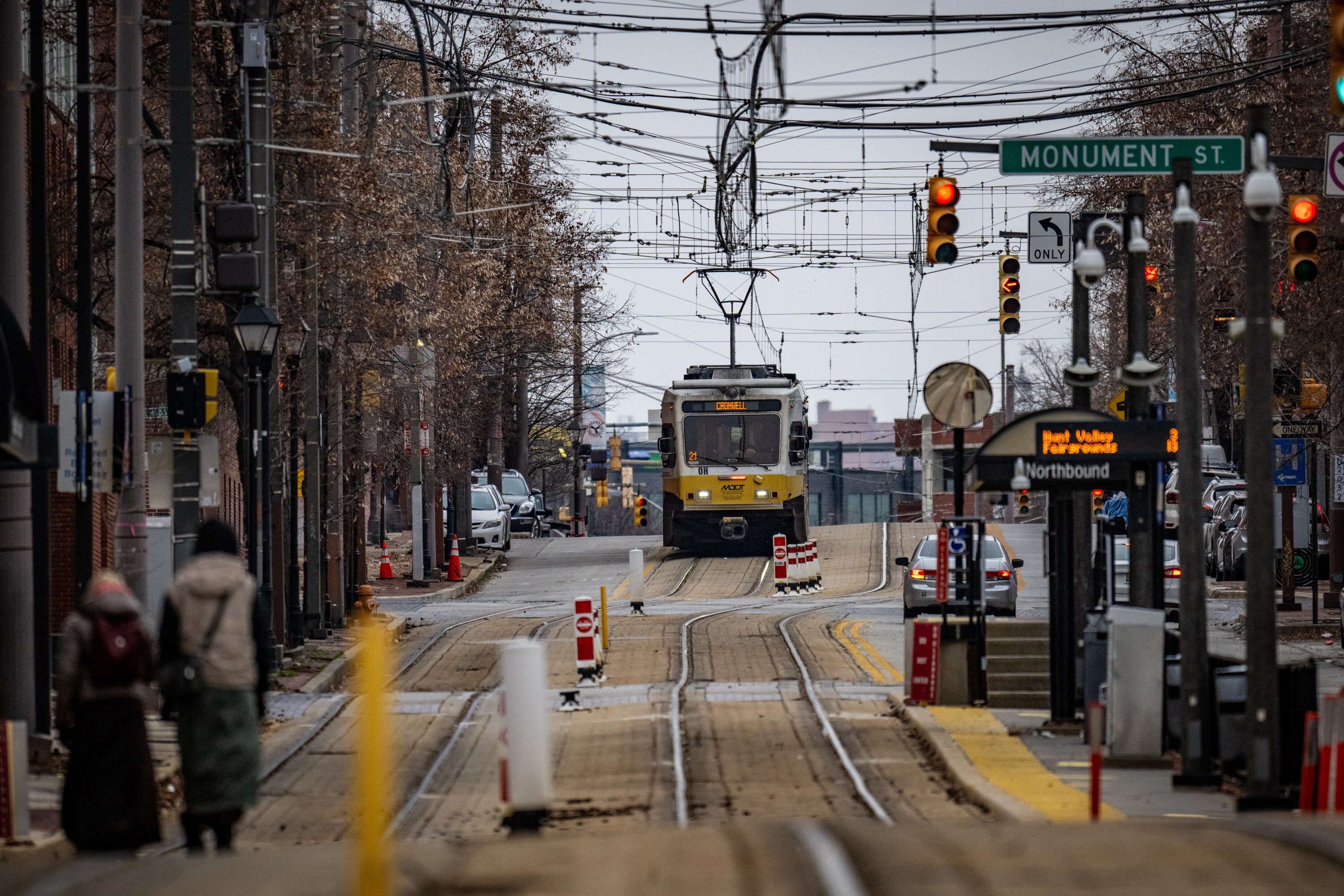 An MTA Light Rail train travels south along Howard Street.