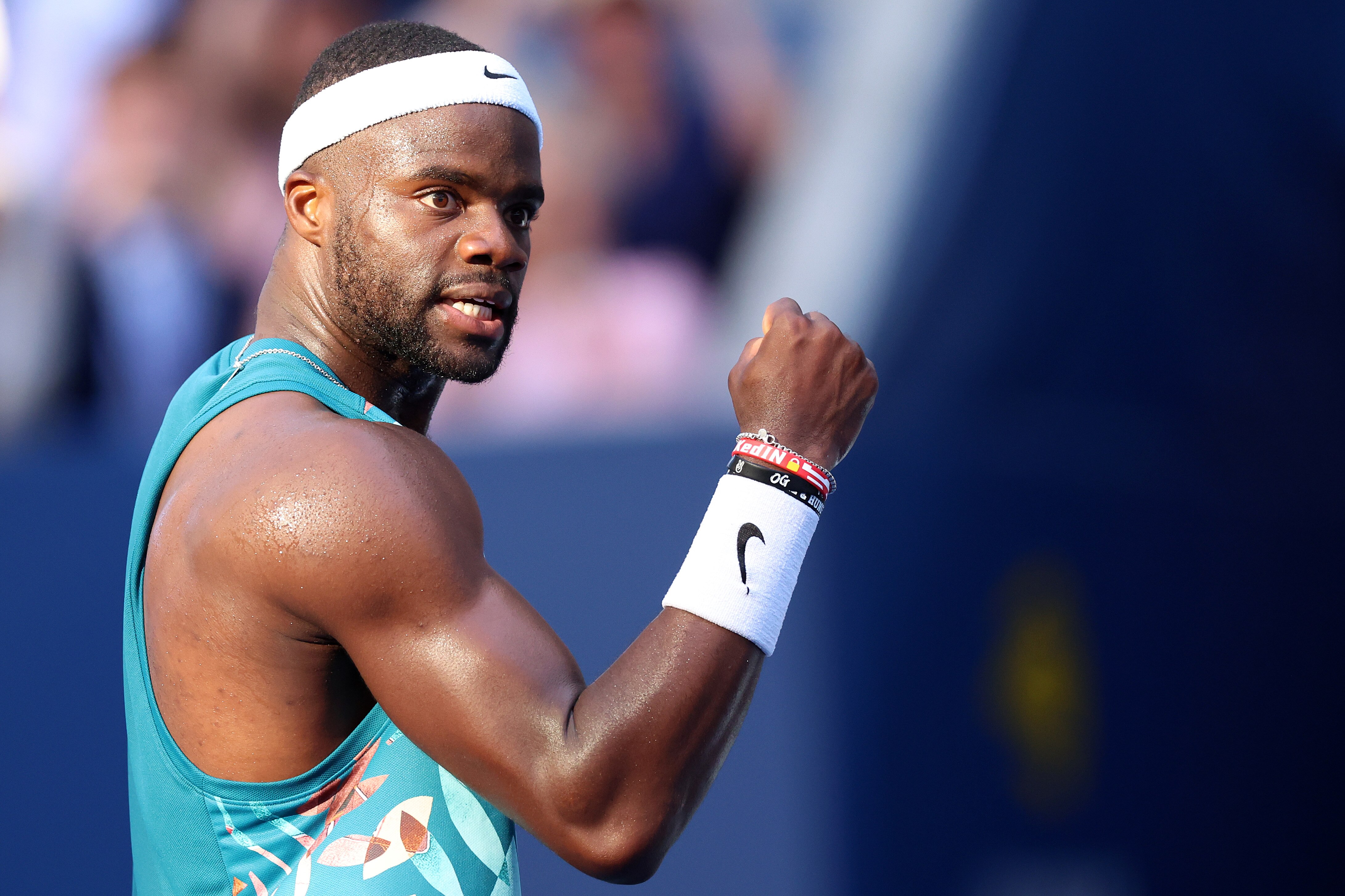 NEW YORK, NEW YORK - SEPTEMBER 01: Frances Tiafoe of the United States celebrates a point against Adrian Mannarino of France during their Men's Singles Third Round match on Day Five of the 2023 US Open at the USTA Billie Jean King National Tennis Center on September 01, 2023 in the Flushing neighborhood of the Queens borough of New York City. (Photo by Clive Brunskill/Getty Images)