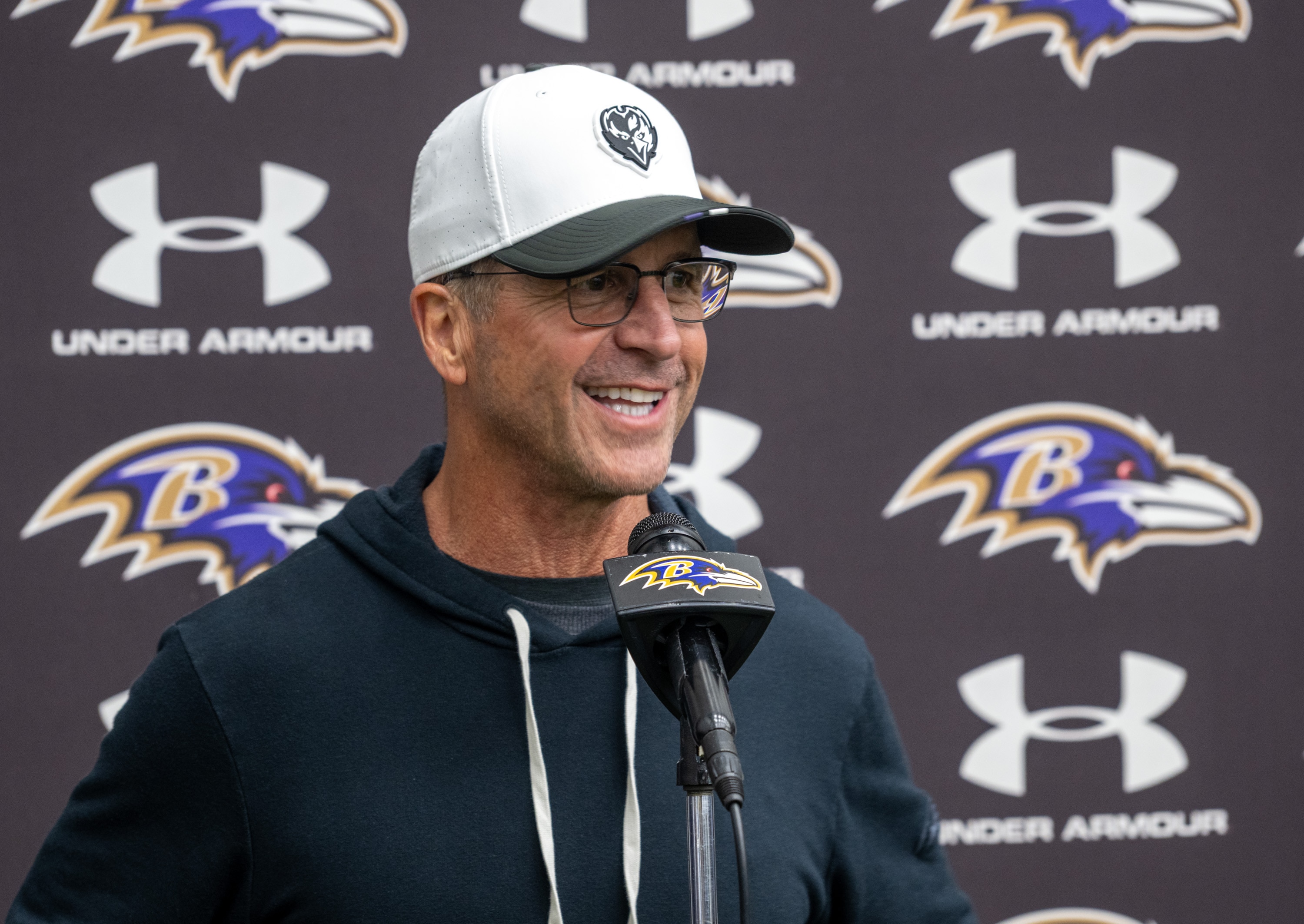 Ravens coach John Harbaugh speaks to the media following rookie minicamp earlier this month.
