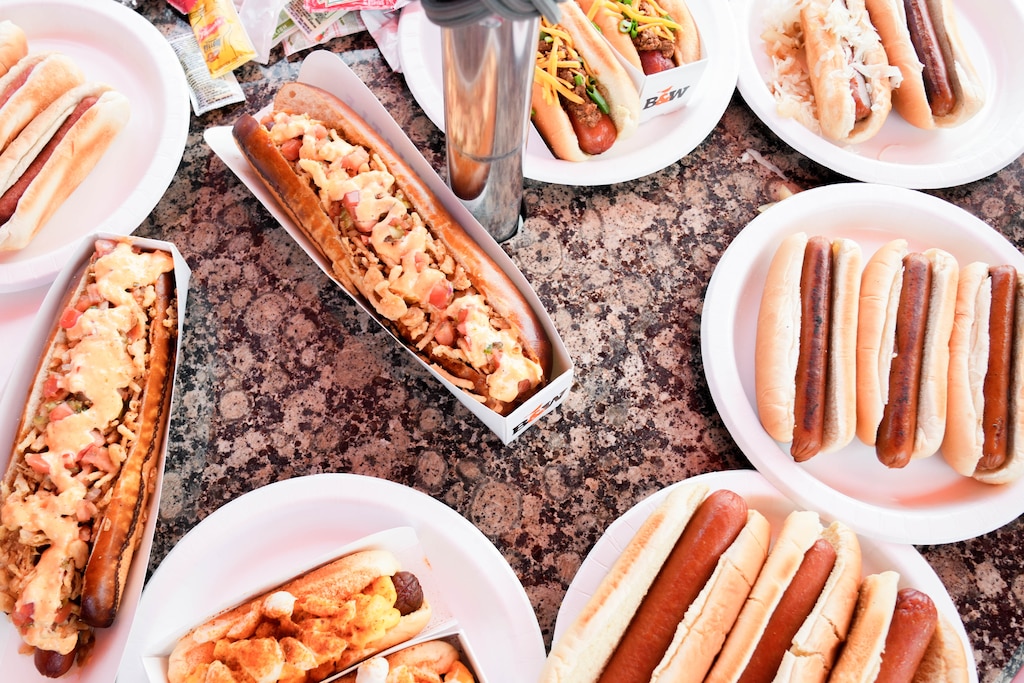 Many of the various hot dogs available at Oriole Park at Camden Yards in Baltimore, Md., on Monday, March 30, 2026.
