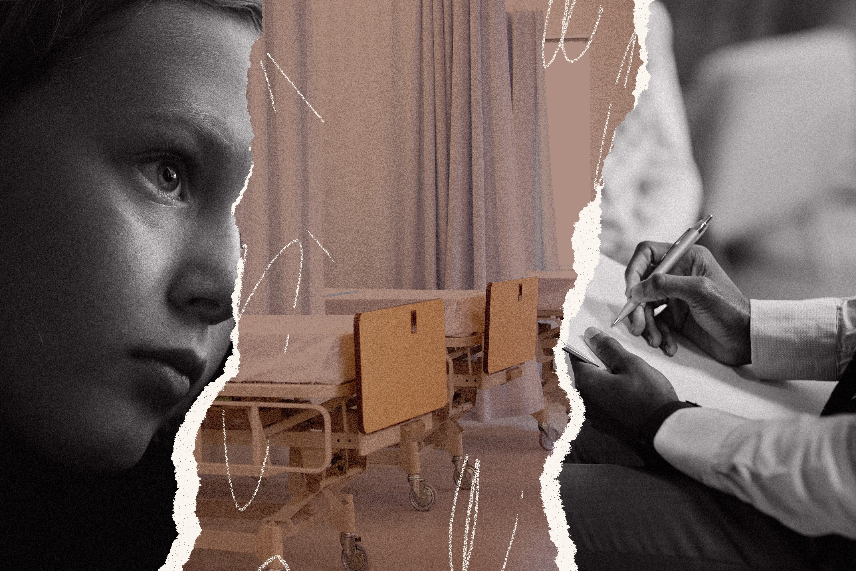 Illustration of pensive girl looking toward male therapist taking notes on clipboard, with image of hospital beds in between.