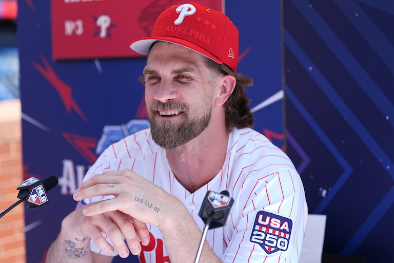 Philadelphia Phillies' Bryce Harper speaks with members of the media during the MLB baseball All-Star Week on Monday.