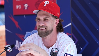 Philadelphia Phillies' Bryce Harper speaks with members of the media during the MLB baseball All-Star Week on Monday.