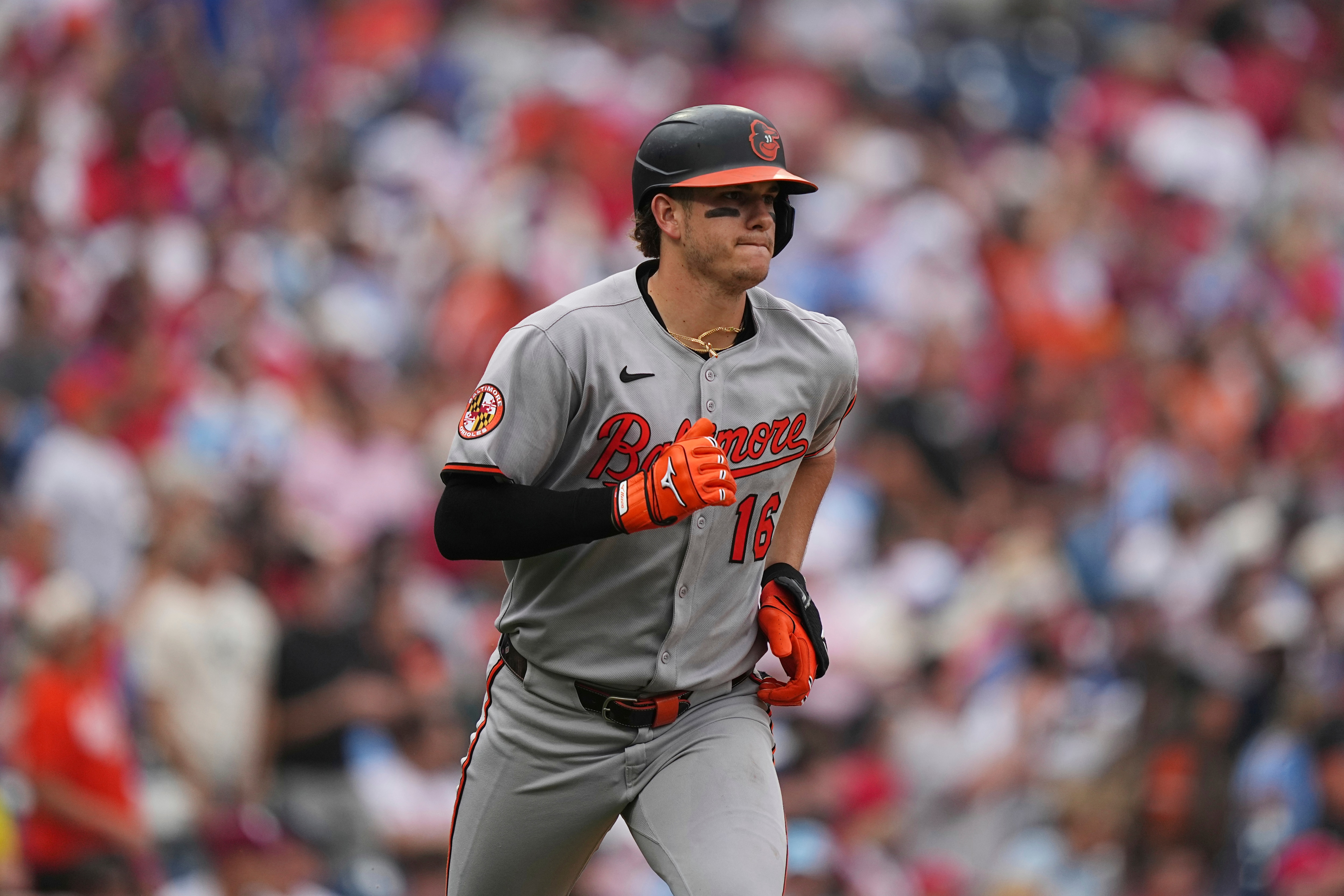 Baltimore Orioles' Coby Mayo runs the bases after hitting a three-run home run off of Philadelphia Phillies pitcher Ranger Suárez during the fourth inning