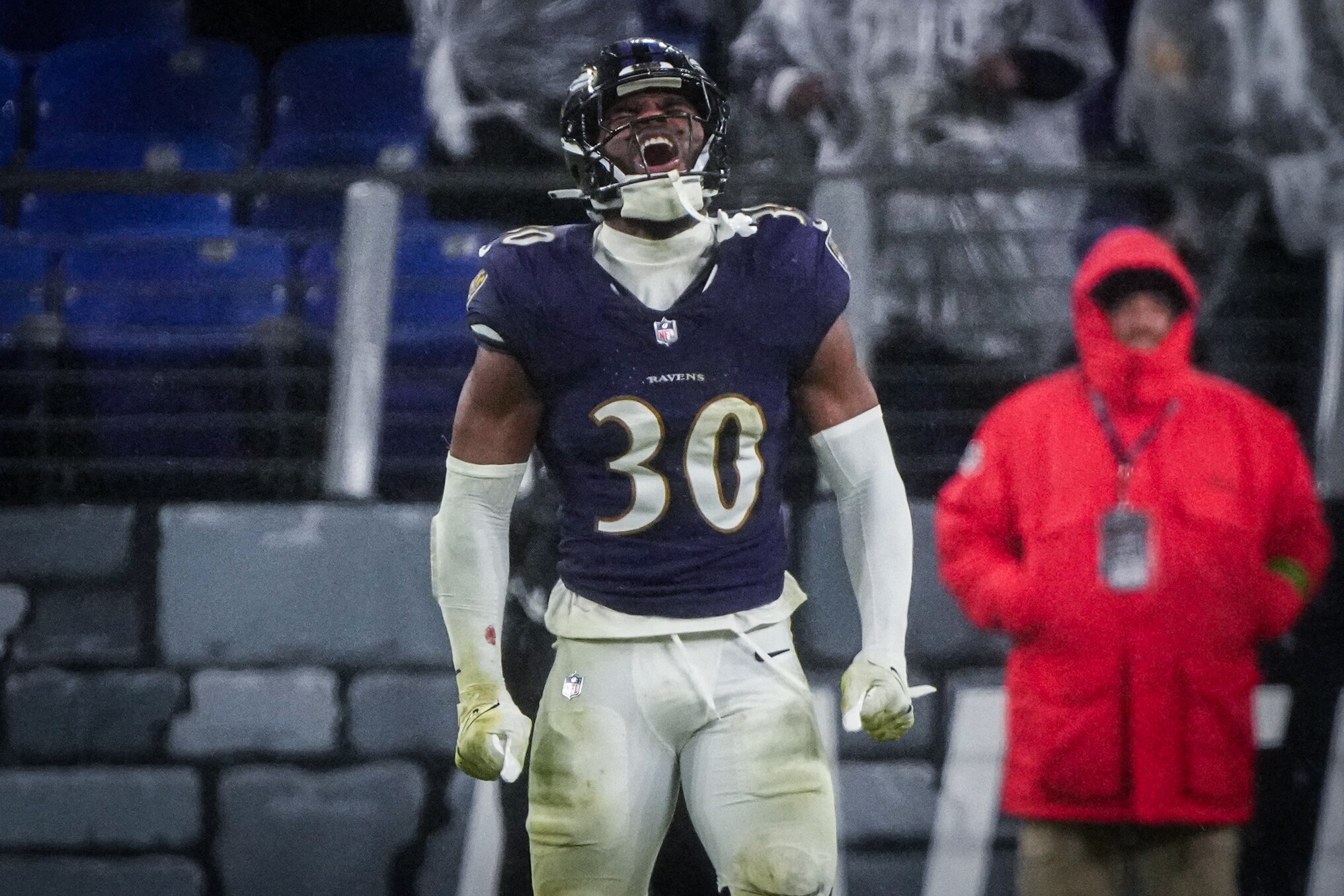 Baltimore Ravens linebacker Trenton Simpson (30) celebrates a big defensive stop against the Pittsburgh Steelers during a football game at M&T Bank Stadium on Saturday, January 6, 2024.