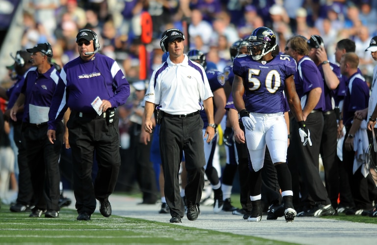 Baltimore Ravens head coach John Harbaugh on the sidelines during a game against the Cleveland Browns on Sunday, Sept. 21, 2008 in Baltimore. The Ravens won 28-10.