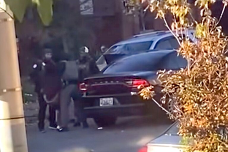 A still from a video shared with the Facebook group "Baltimore Highlandtown GDM" showing ICE officers arresting Ronal Ramos-Delcid in the Highlandtown neighborhood of Baltimore.
