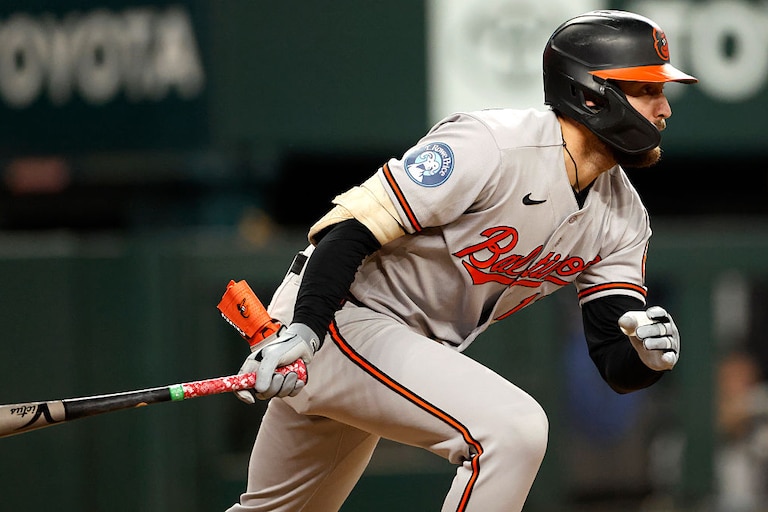 Colton Cowser singles against the Texas Rangers during the fifth inning on Aug. 7.