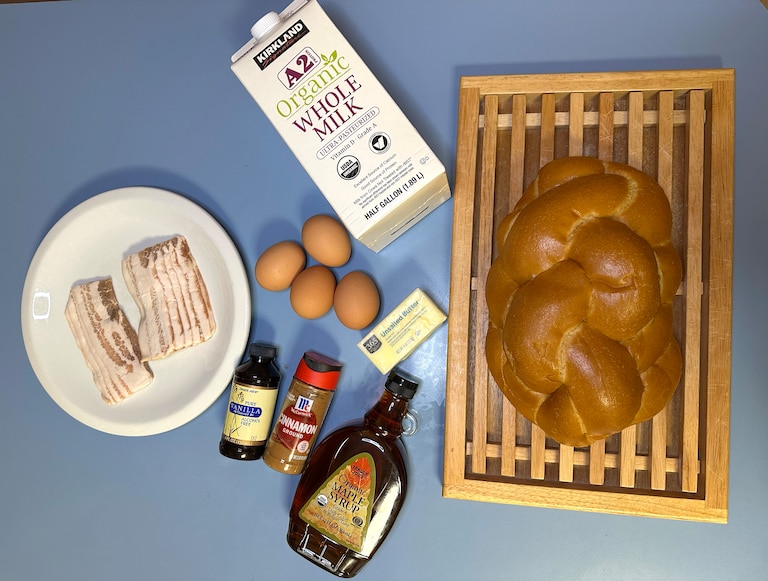 French toast, made here with challah bread, gets dunked into an egg, milk, vanilla and cinnamon mixture before frying until golden brown.