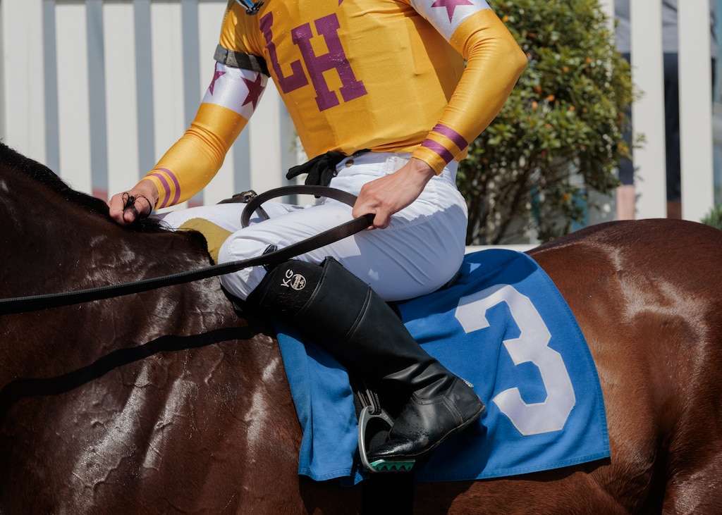 Jockey Kevin Gomez rides What Say Thee to the winners circle at Laurel Park Race Track.
