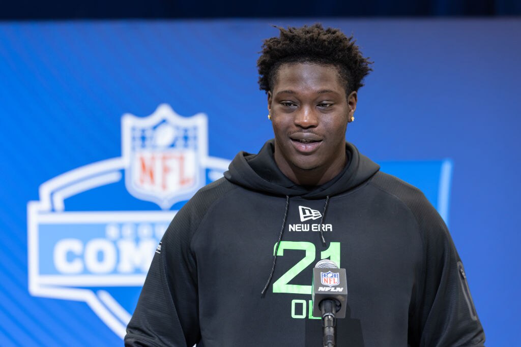 Emery Jones Jr. speaks to the media during the 2025 NFL scouting combine in March.