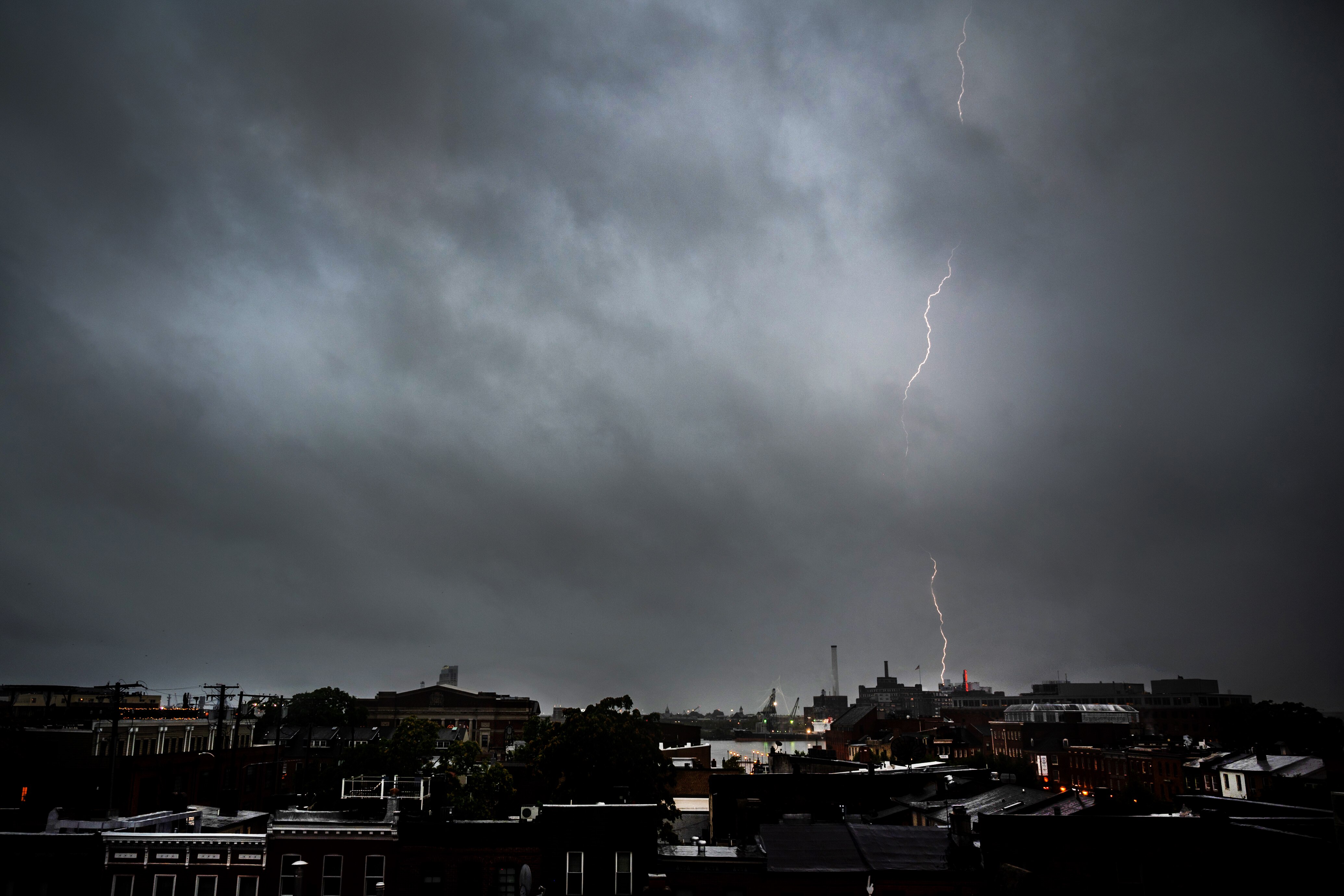 Lightning strikes during an August thunderstorm in Baltimore.
