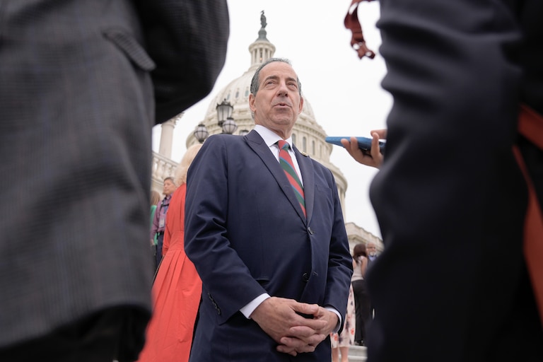 Rep. Jamie Raskin, D-Md., speaks with reporters after a news conference, Tuesday, Sept. 30, 2025, at the Capitol in Washington.