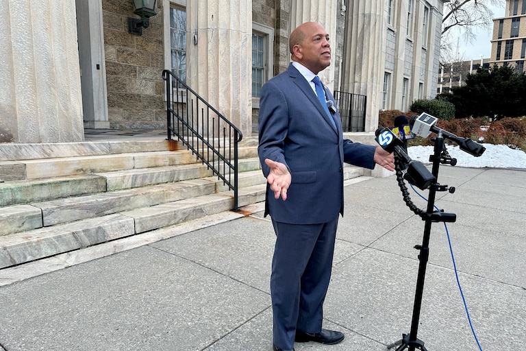 February 17, 2026 - Councilman Julian Jones addressed reporters outside the historic Baltimore County Courthouse in Towson. Jones introduced emergency legislation to ban new detention centers from operating in the county.