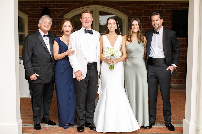 Jeff Wright with his family after his daughter's wedding at Green Spring Valley Hunt Club in Baltimore in 2021. From left, Jeff, his wife Denise, son-in-law Palmer Murray, daughter Katherine, daughter Alix and son-in-law Matt Ekroth.