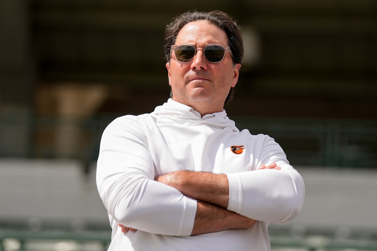 Baltimore Orioles part owner Michael J. Arougheti observes batting practice during Spring Training at Ed Smith Stadium in Sarasota, Fla. on Tuesday, February 18, 2025.
