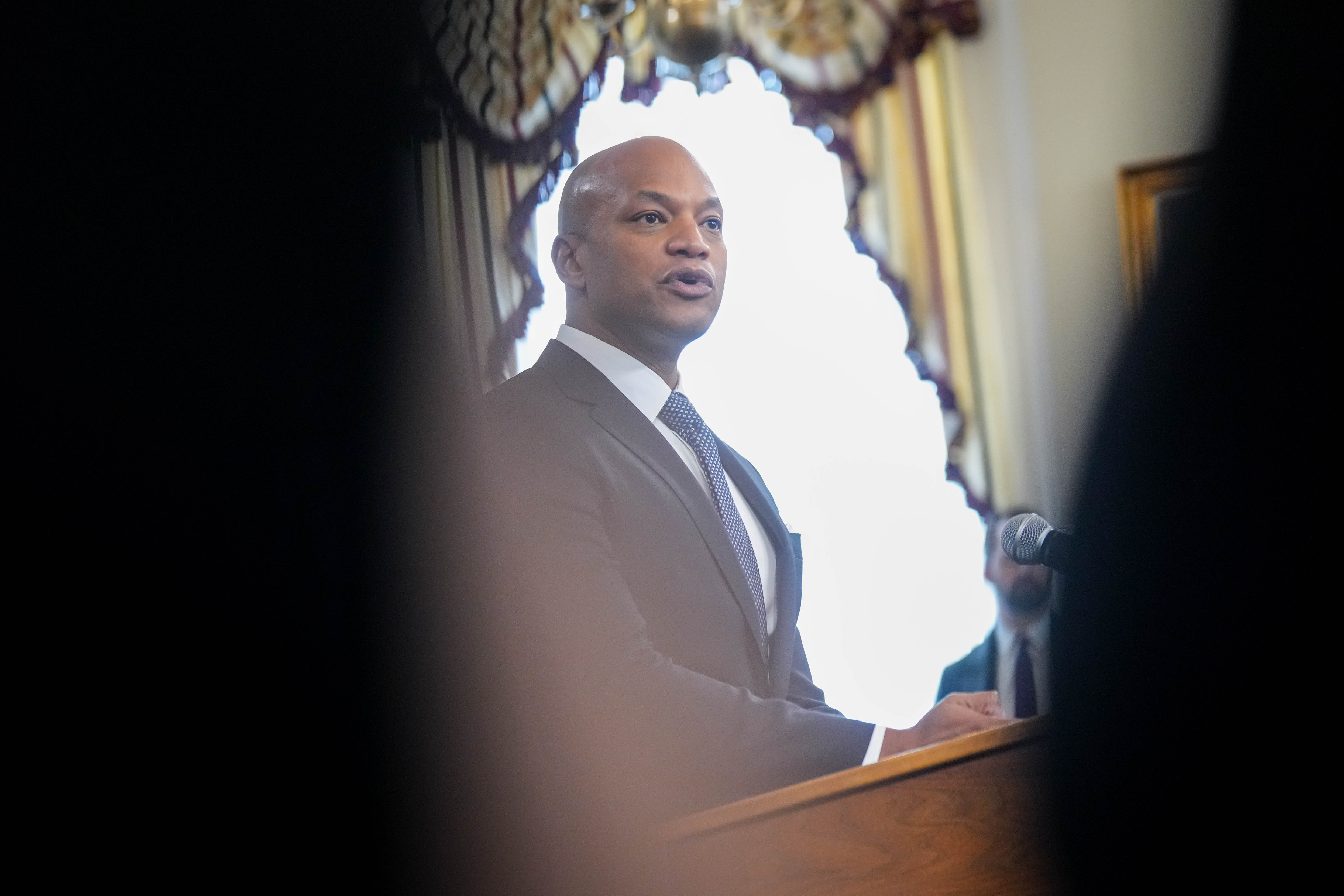 Maryland Gov. Wes Moore takes questions from reporters on the first day of the General Assembly session in the Maryland State House in Annapolis, Md. on Wednesday, January 8, 2025.