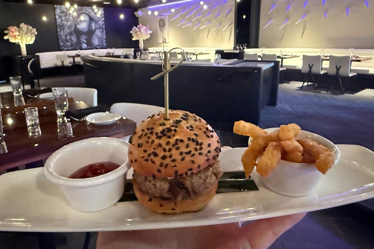 $6 mini burger with truffle fries from the happy hour menu at STK Steakhouse.