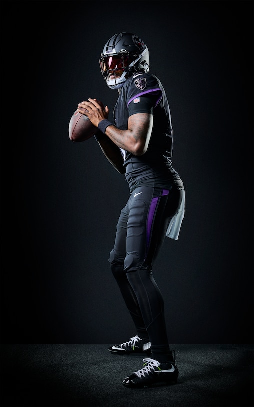Baltimore Ravens Lamar Jackson models the newly-redesigned team uniform.