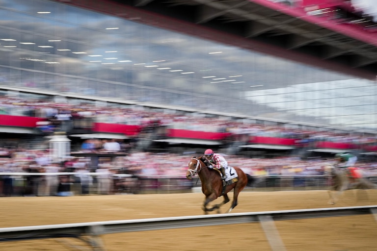 Journalism, ridden by Umberto Rispoli, wins the 150th running of the Preakness Stakes at Pimlico Race Course in Baltimore, Md. on Saturday, May 17, 2025.