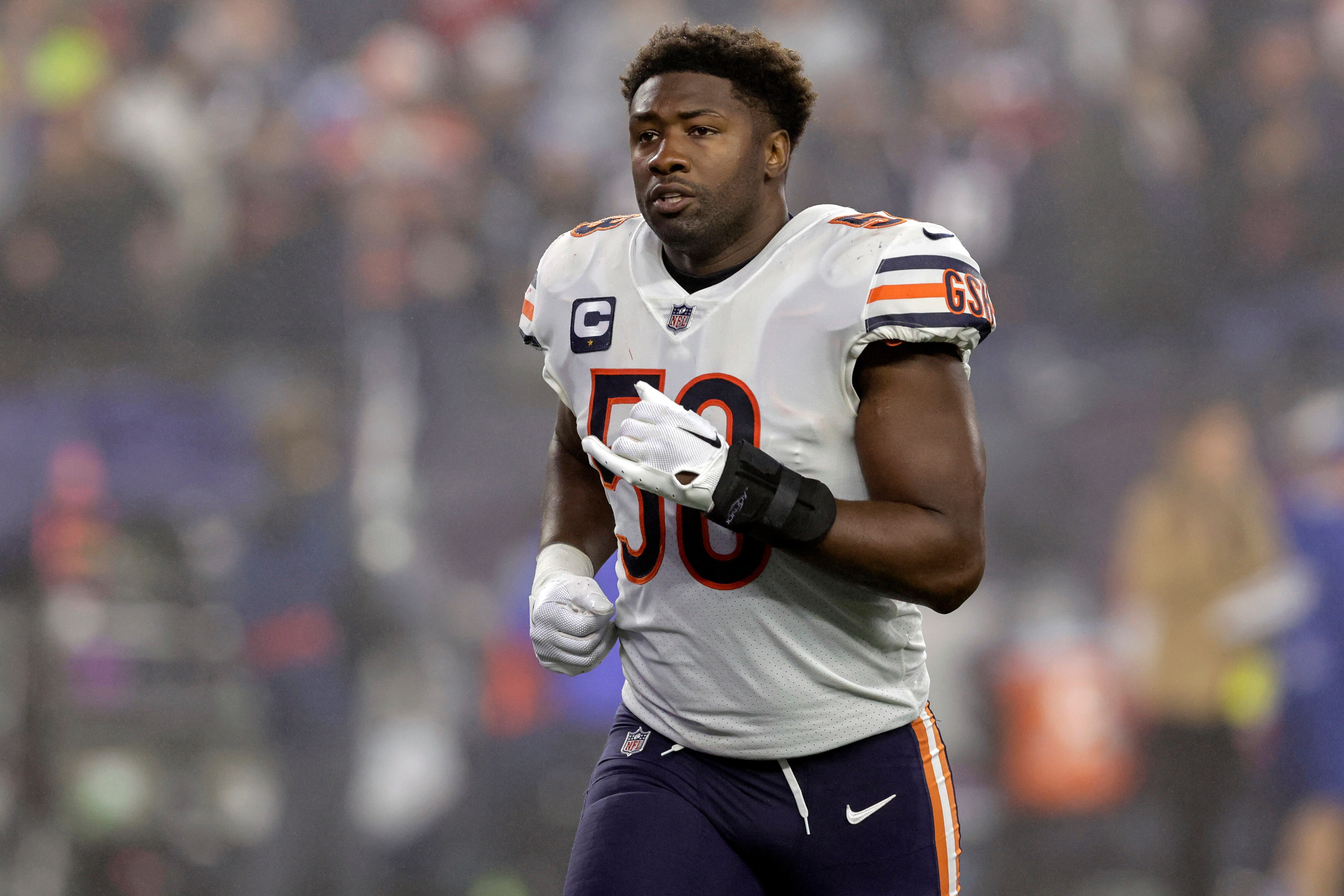 FILE - Chicago Bears linebacker Roquan Smith (58) runs off the field at halftime of an NFL football game against the New England Patriots, Monday, Oct. 24, 2022, in Foxborough, Mass. Smith was upbeat when speaking with Baltimore-area media for the first time since he was traded from the Chicago Bears to the Ravens this week.