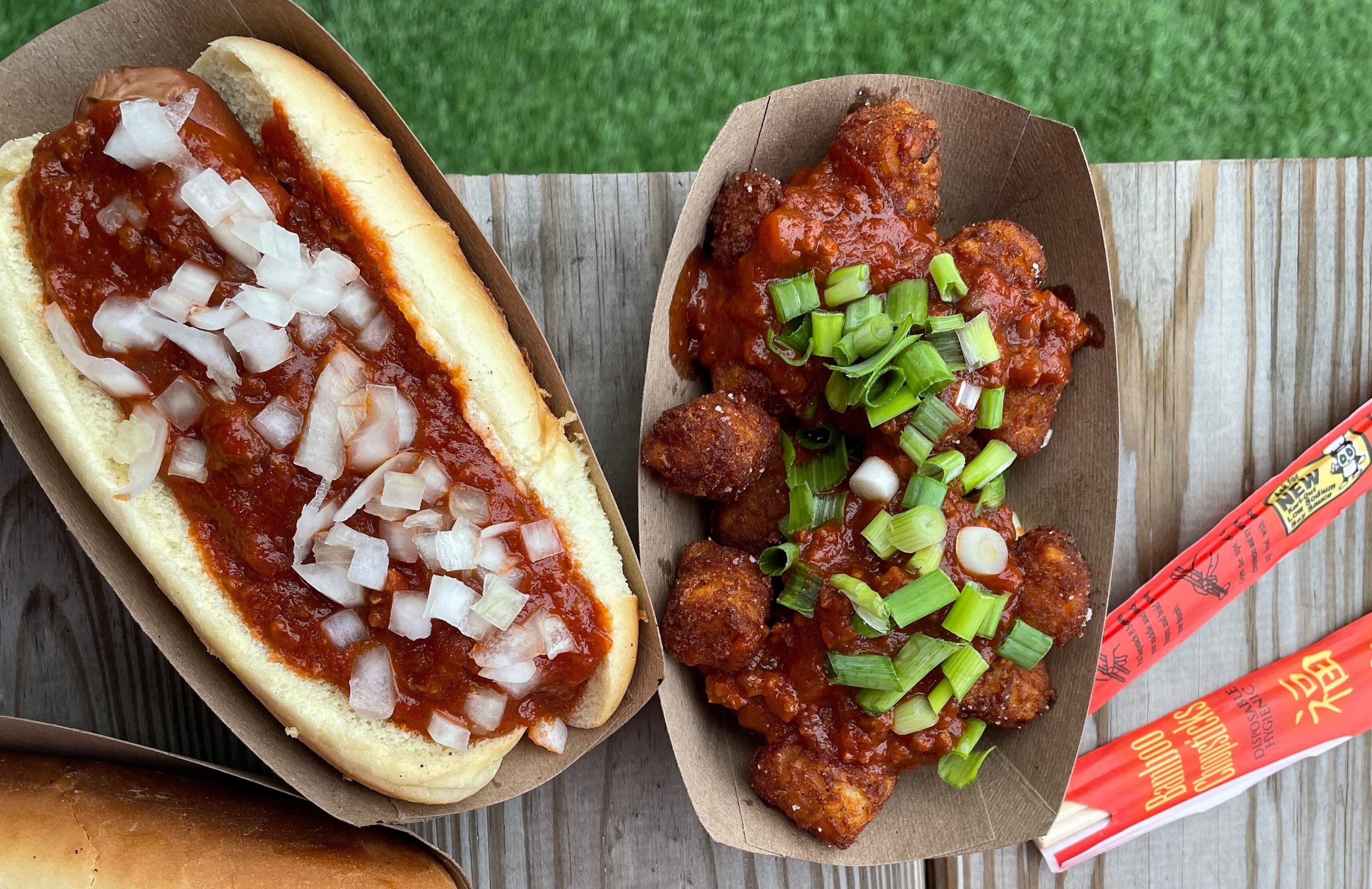 The hot dog and tater tots from Glizzy's, both topped with Wagyu chili. Owner Casey Jarvis previously worked at Chuck's Trading Post in Hampden.