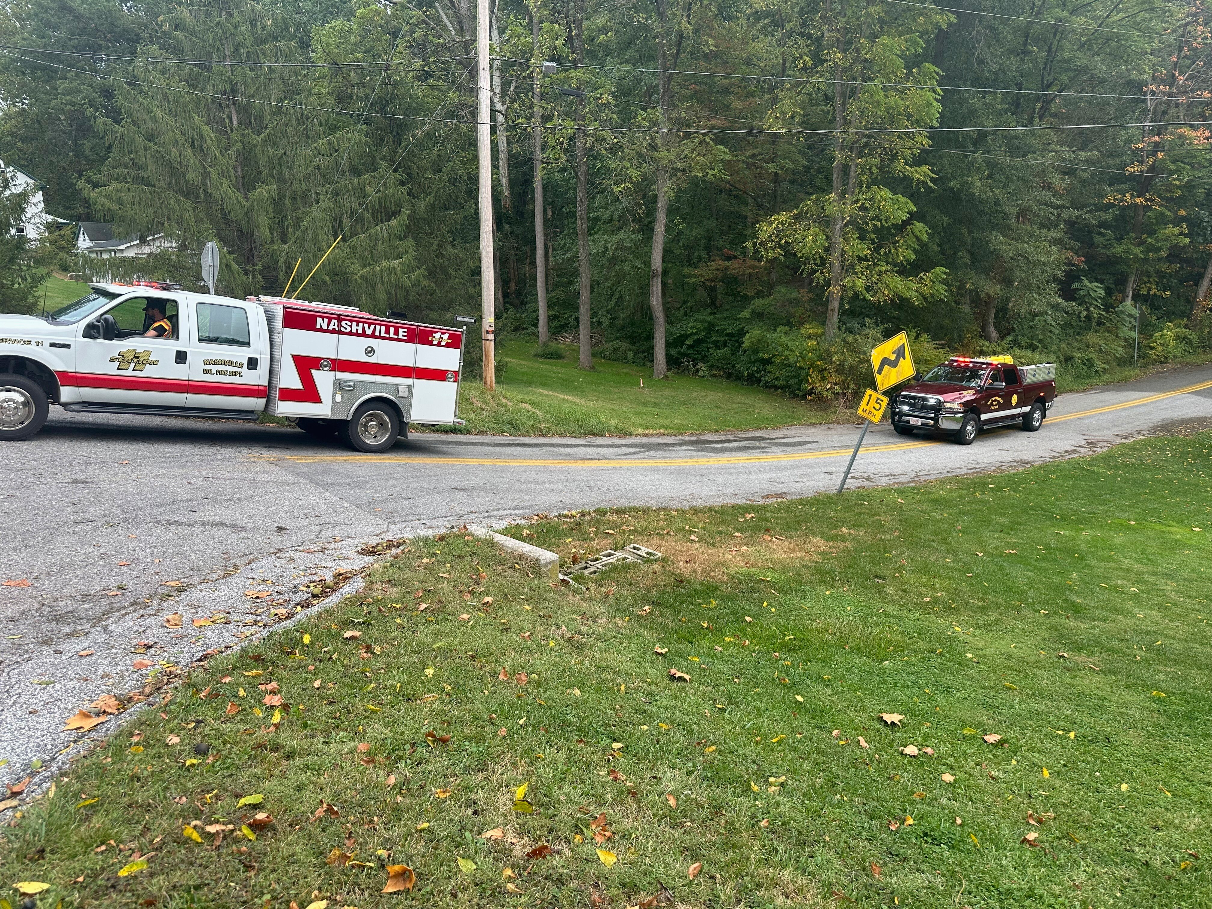 Emergency personnel respond to a shooting involving police, Wednesday, Sept. 17, 2025, in North Codorus, Pa. (AP Photo/Mark Scolforo)