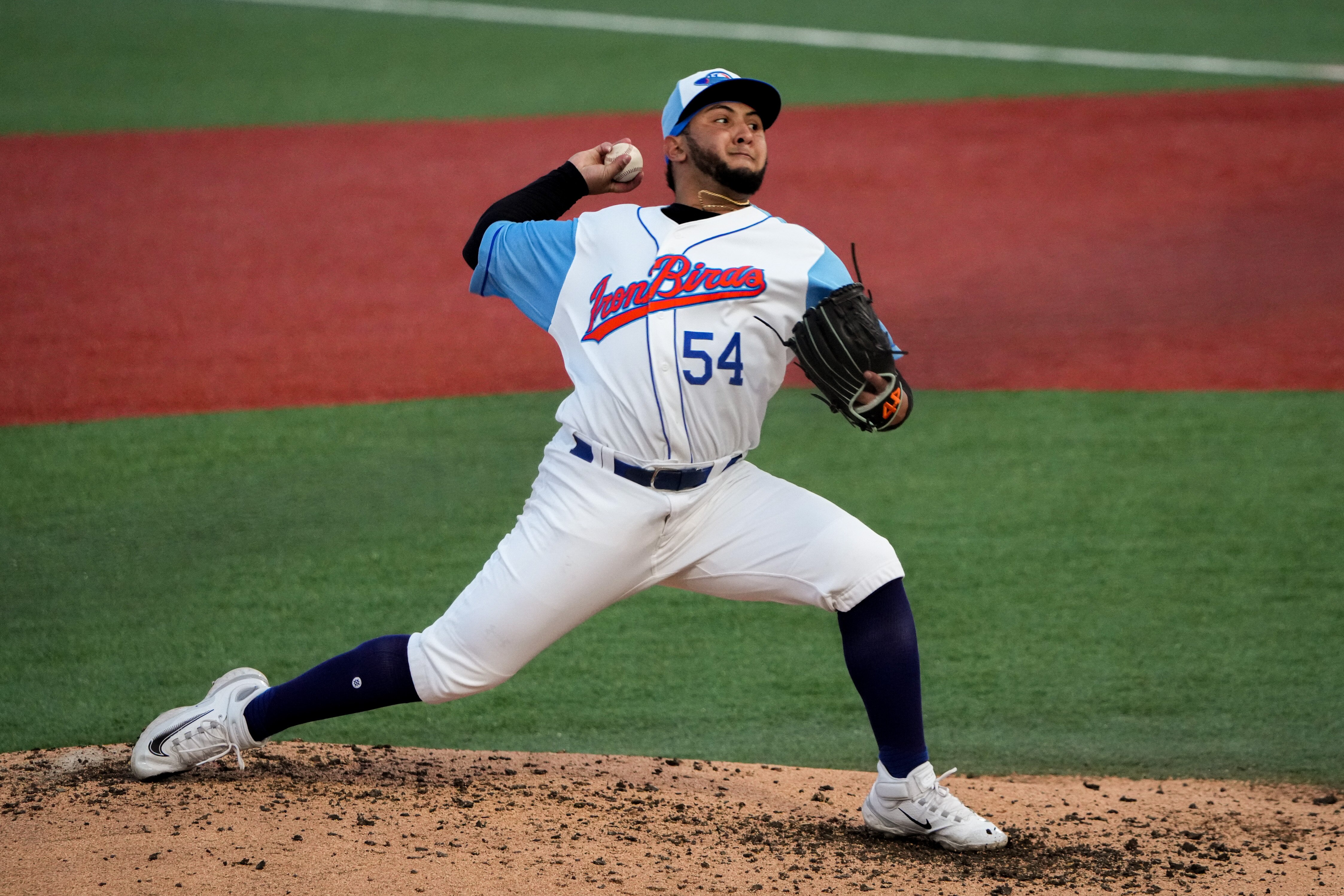 Aberdeen IronBirds starting pitcher Jean Pinto (54) delivers a pitch in a game against the Hudson Valley Renegades at Leidos Field at Ripken Stadium on Tuesday, May 9.