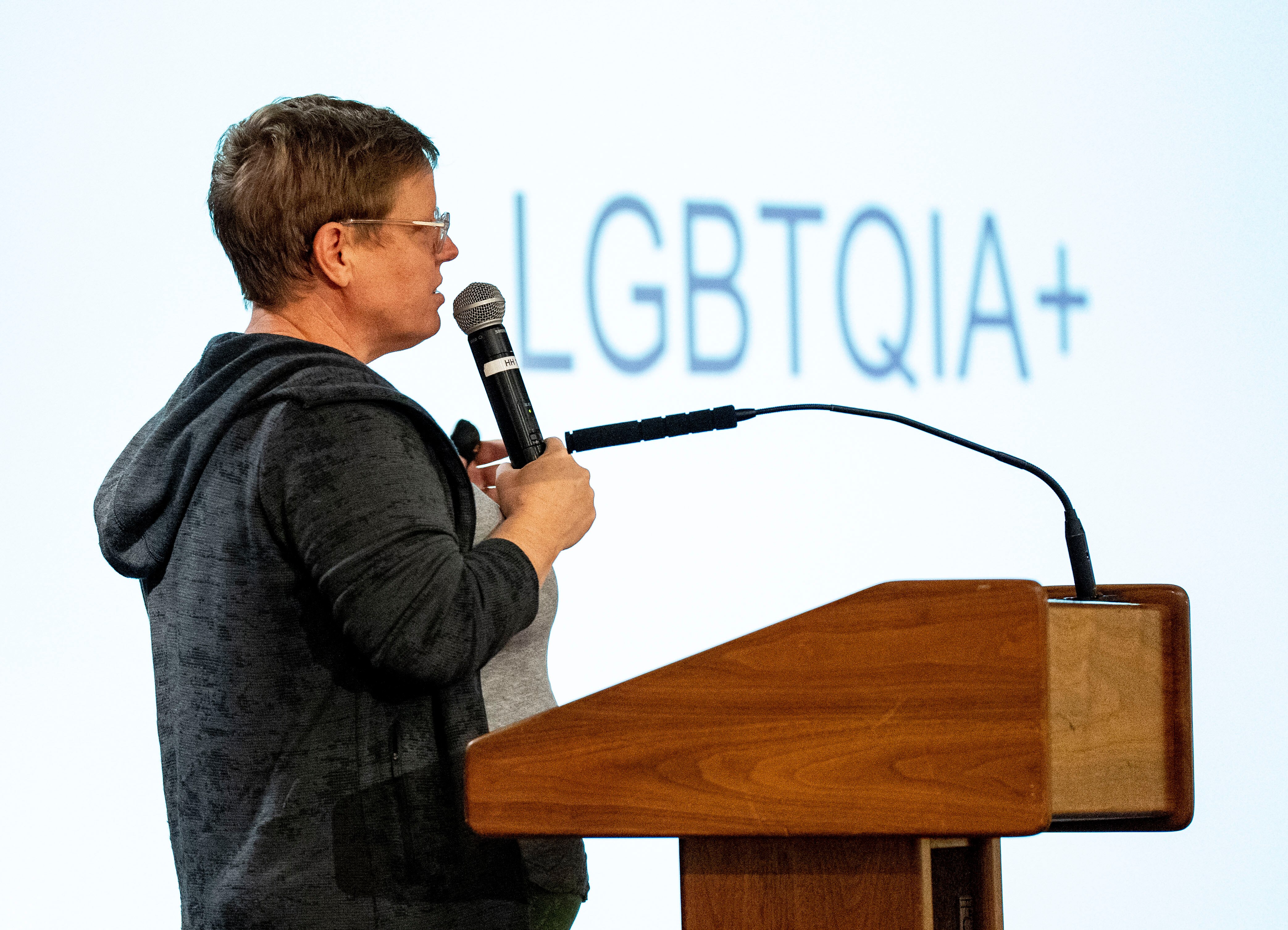 UMBC professor Kate Drabinksi teaches a session on nonbinary people to residents at Charlestown Senior Living Community, in Catonsville, MD, Tuesday, October 11, 2022.