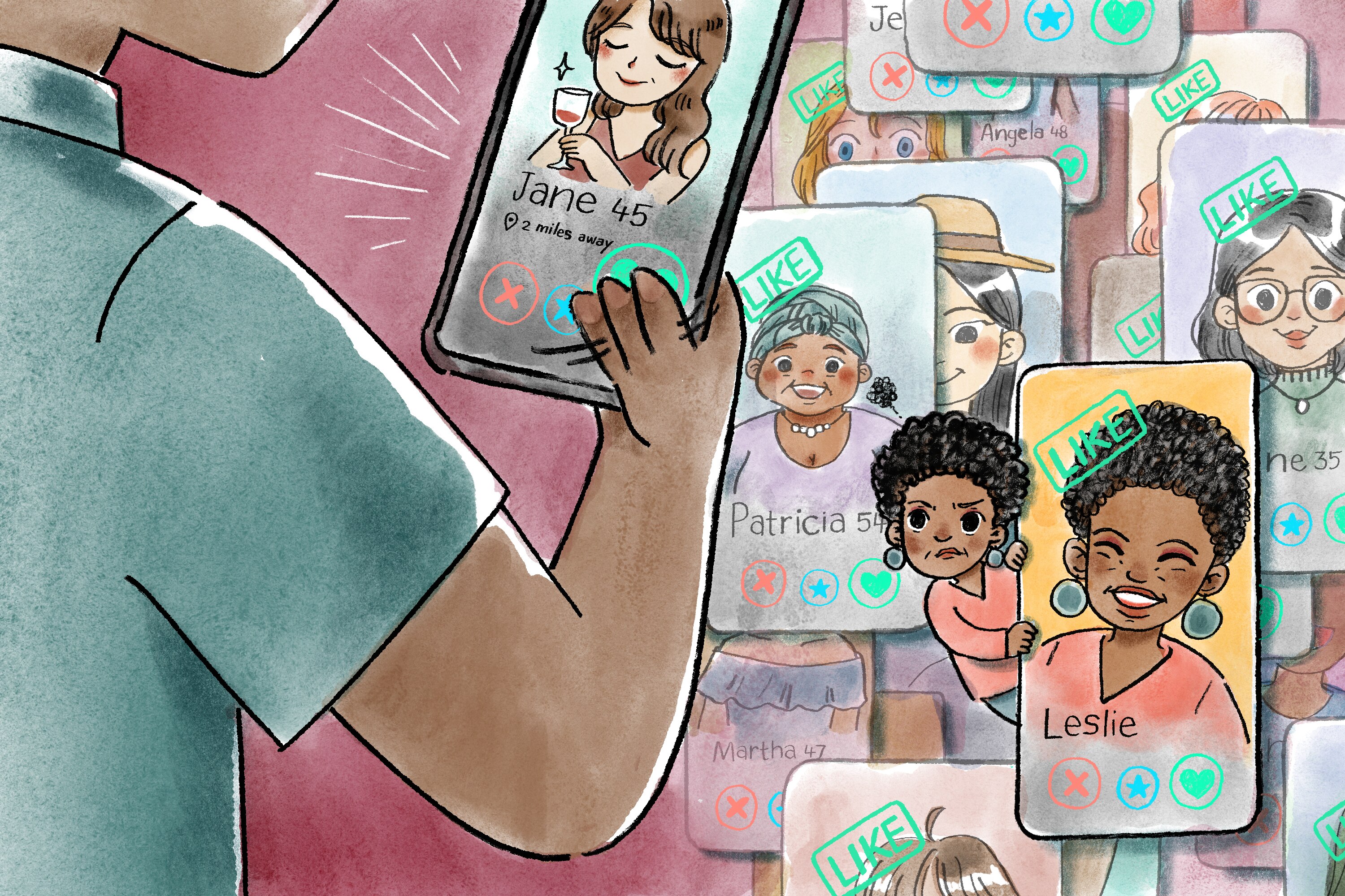 Woman looks out angrily from pile of dating profiles that someone has matched with