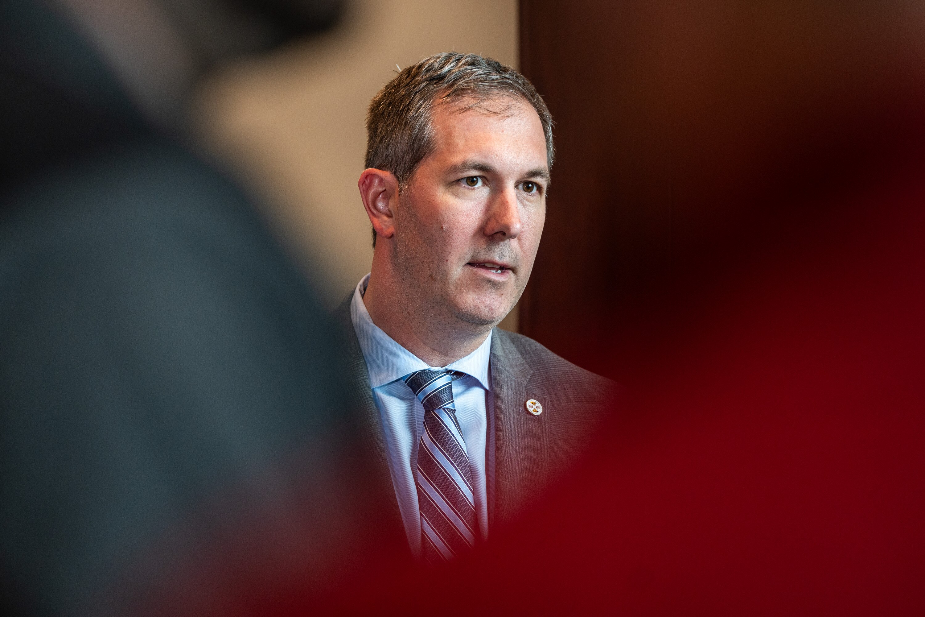 Baltimore County Executive Johnny Olszewski Jr. speaks during a press conference at the SBA’s Business Recovery Center in Baltimore on Thursday, April 4, 2024.