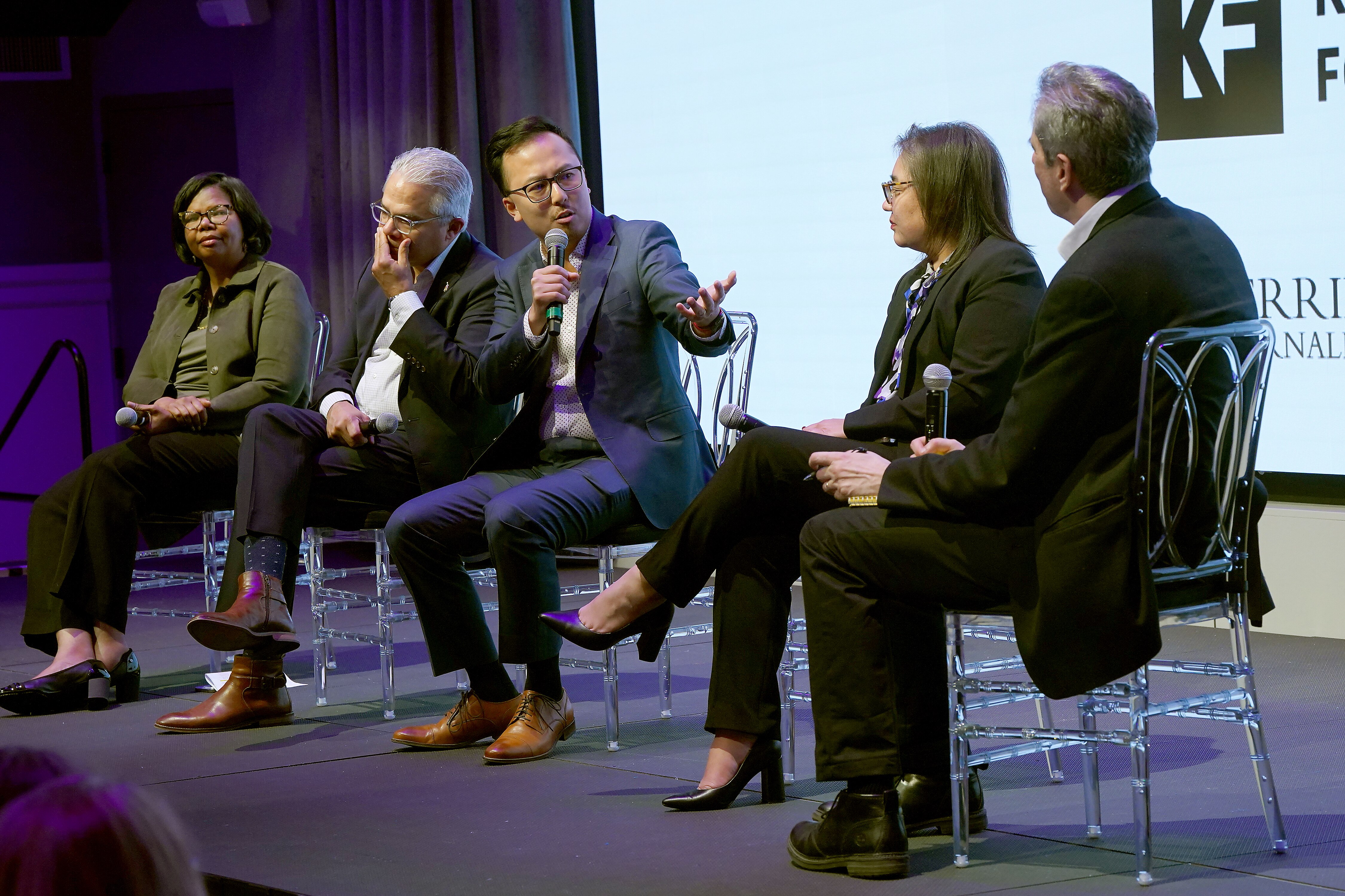 Duc Luu, center, director of journalism sustainability initiatives at the Knight Foundation, discusses the local news crisis in Maryland with (from left) Dale R. Anglin, director of Press Forward; Rafael Lorente, dean of the Philip Merrill College of Journalism at the University of Maryland, Kimi Yoshino, editor in chief of The Baltimore Banner; and Steve Waldman, founder of Rebuild Local News.