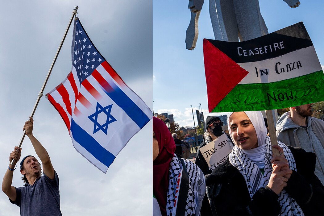 A man holds up an American and Israeli flag on October 29 and a few days later a woman holds up a Palestinian flag on November 1. Both rallies took place at Penn Station in Baltimore.