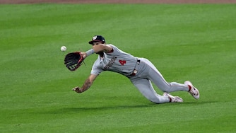 Washington Nationals left fielder Daylen Lile catches a fly ball hit by Orioles first baseman Pete Alonso in the sixth inning of a game on June 27.