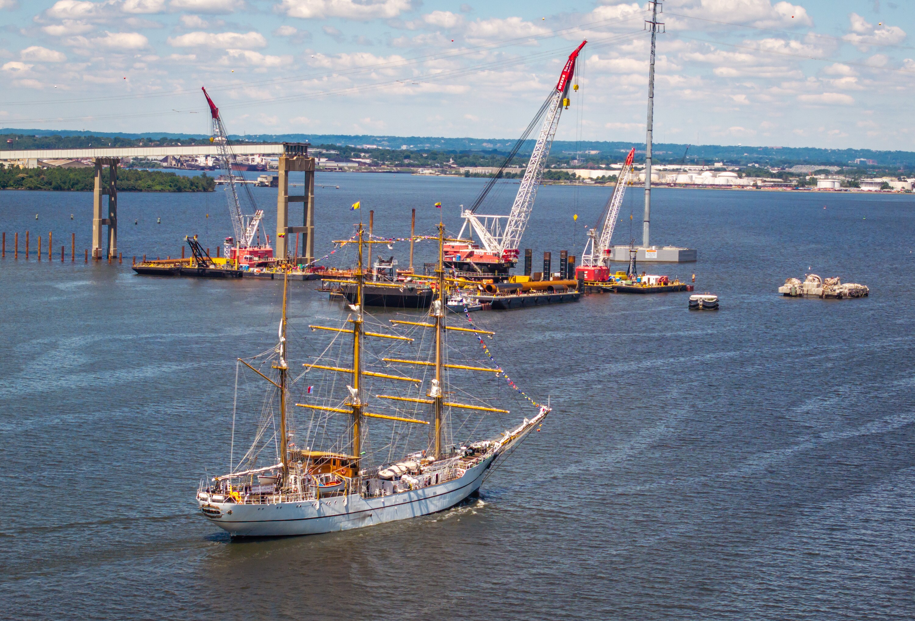 Ecuador’s sail training vessel BAE Guayas approaches the Francis Scott Key Bridge site before arriving in Baltimore on Wednesday for Sail250. 