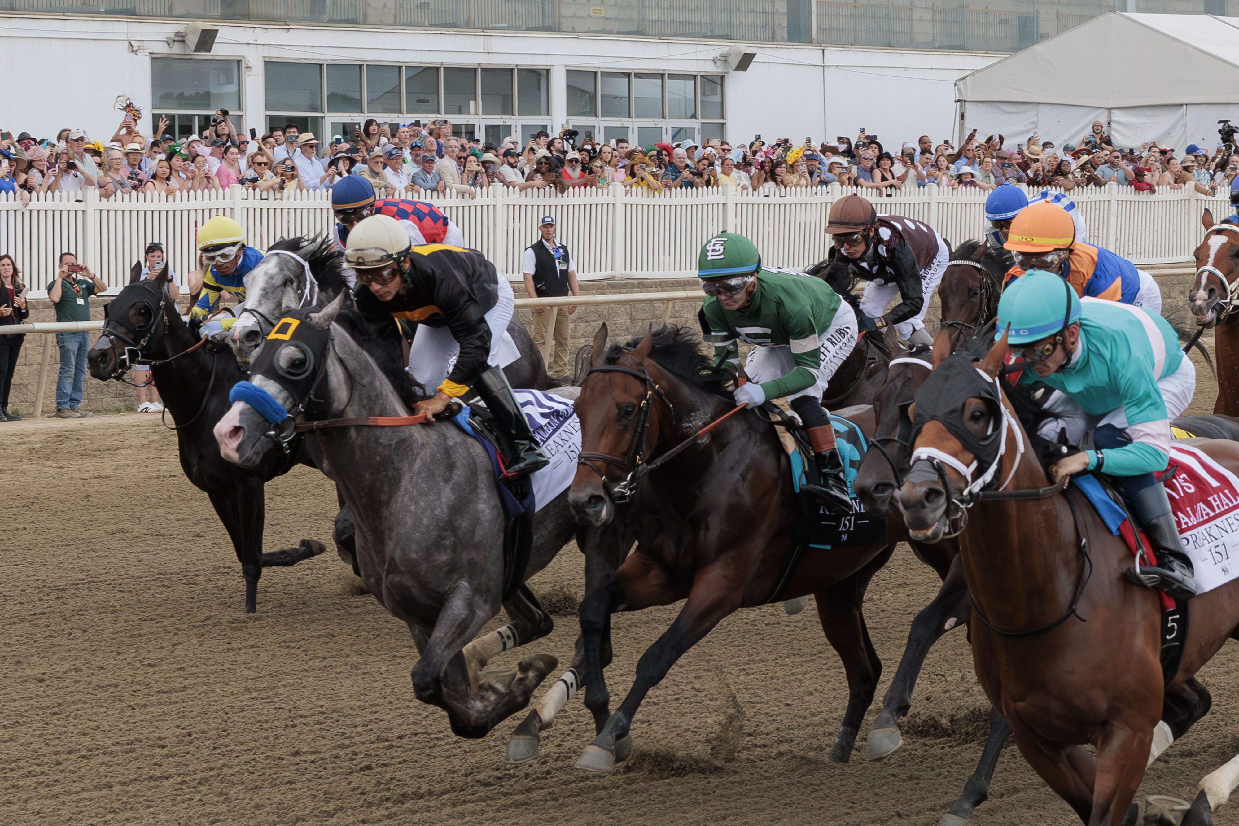 Taj Mahal takes the lead at the start of the Preakness Stakes at Laurel Park on Saturday.