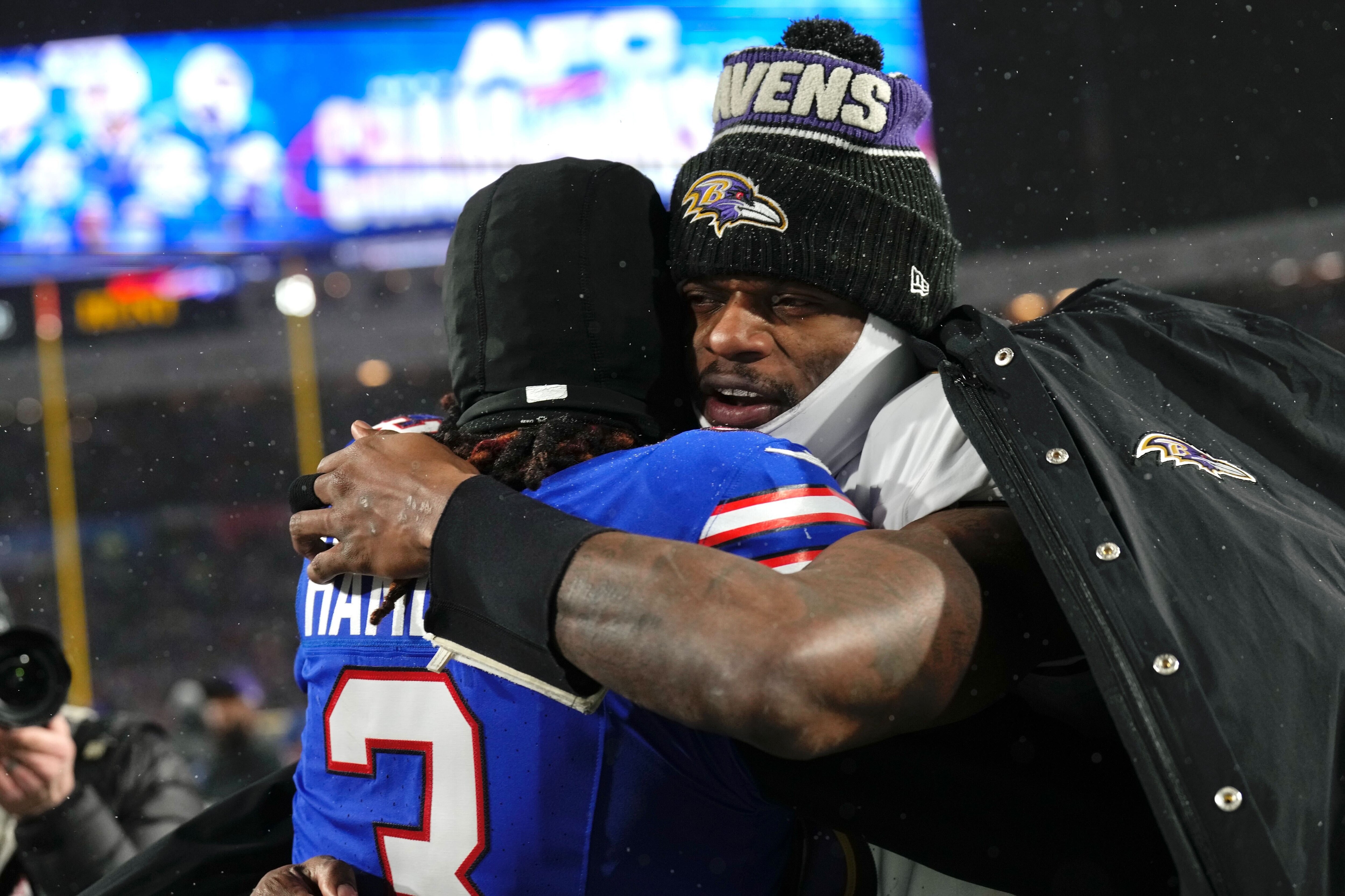 Baltimore Ravens quarterback Lamar Jackson hugs Buffalo Bills safety Hamlin after Sunday’s game. The Buffalo Bills defeated the Ravens 27 - 25 in the AFC divisional round at Highmark Stadium in Orchard Park, New York, on Sunday January 19, 2025.