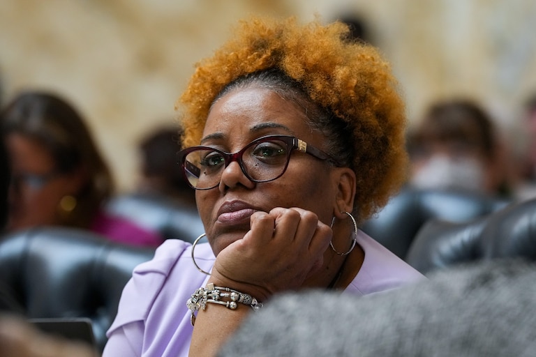 Del. Jackie Addison, a Baltimore City Democrat, listens to floor debate at the Maryland State House on Monday, March 20, also known as Crossover Day in Annapolis. General Assembly session rules require bills to pass one chamber — either the House of Delegates or the state Senate — by the end of the day on Monday, to ensure the other chamber will consider it.