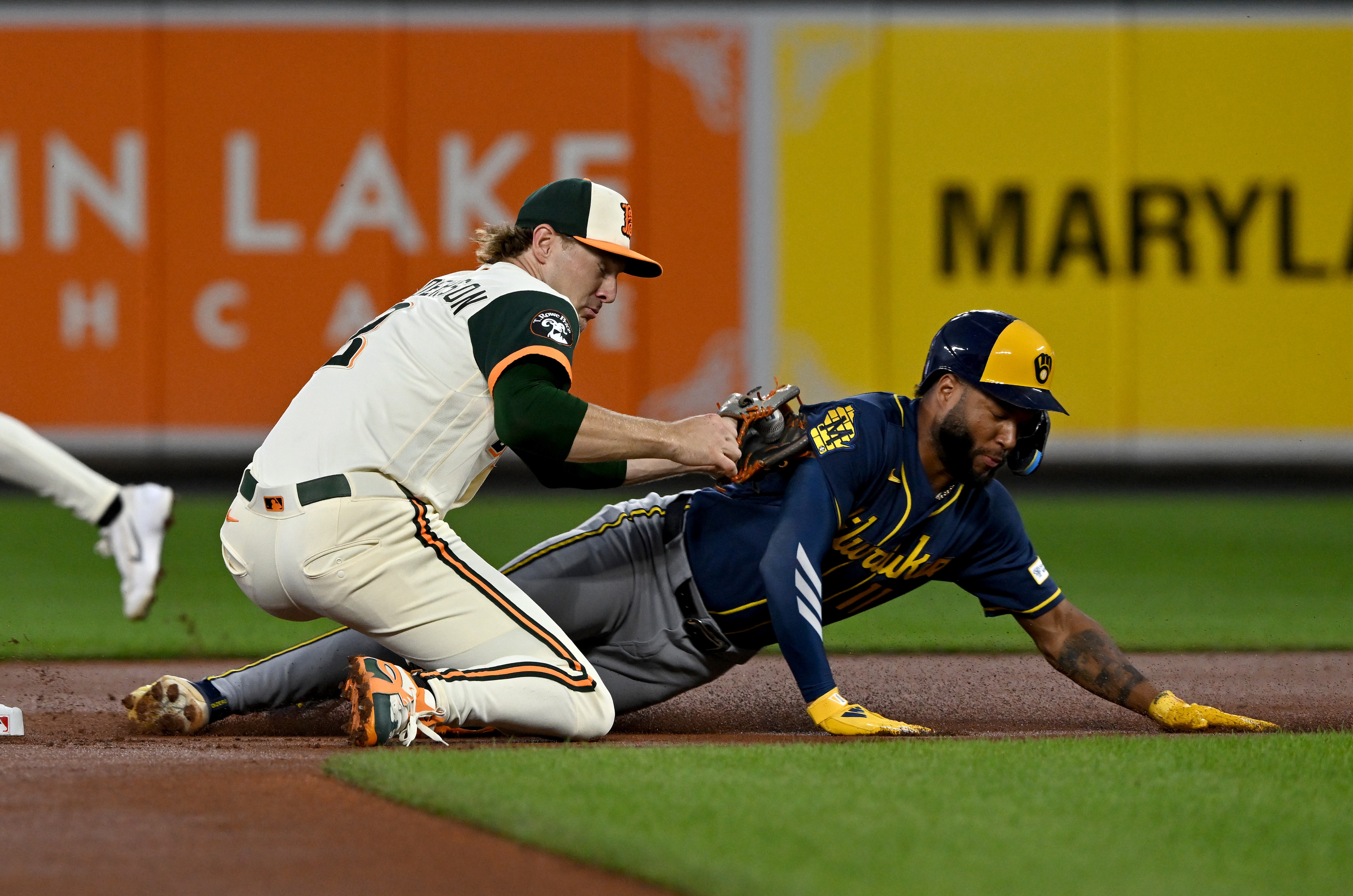 The Brewers’ Jackson Chourio steals second base in the first inning ahead of the tag of Gunnar Henderson.