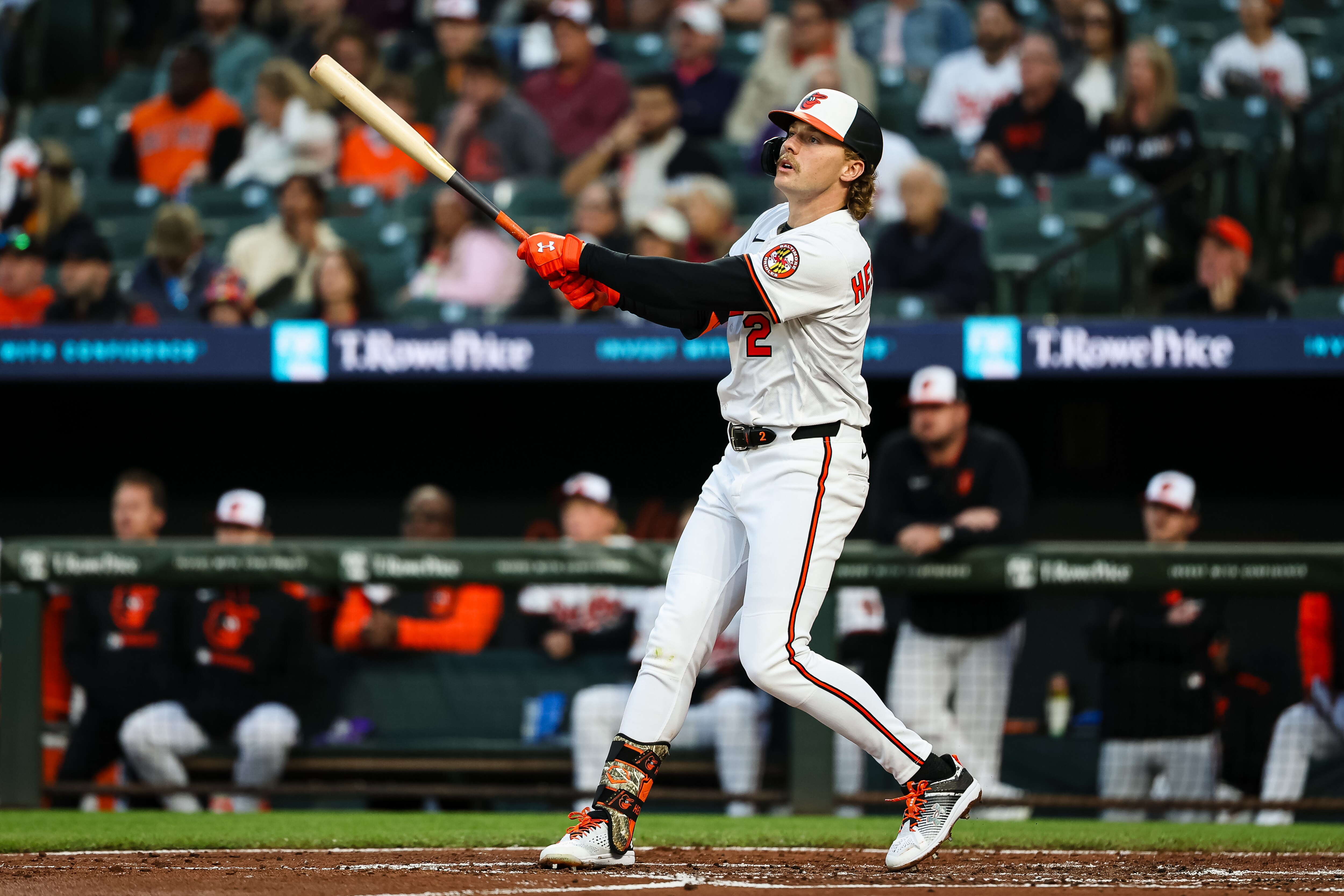 Gunnar Henderson doubles during the third inning Thursday night against Cleveland. He also homered as the Orioles won 6-2.
