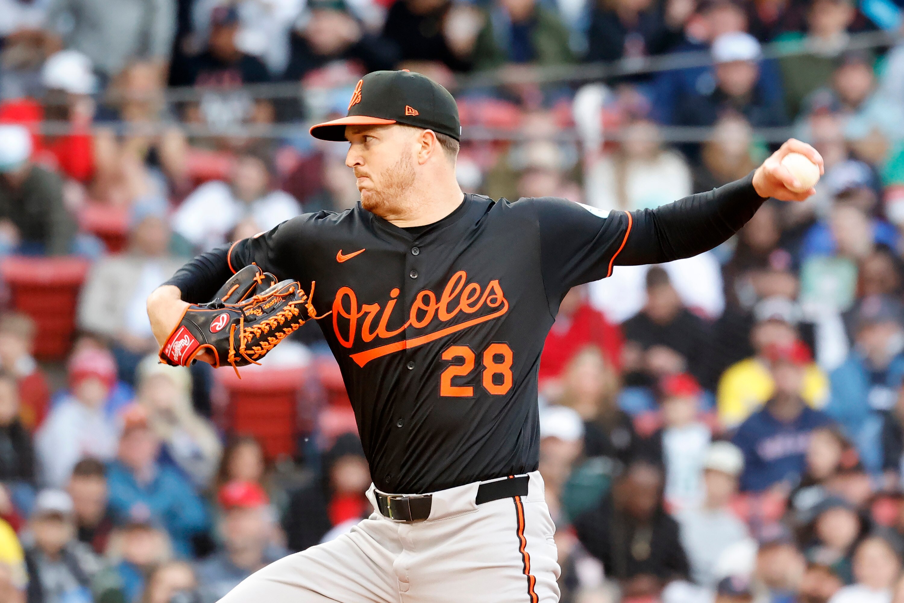 Baltimore Orioles starting pitcher Trevor Rogers delivers during the first inning of the second baseball game of a doubleheader against the Boston Red Sox, Saturday, May 24, 2025, at Fenway Park in Boston. (AP Photo/Mary Schwalm)