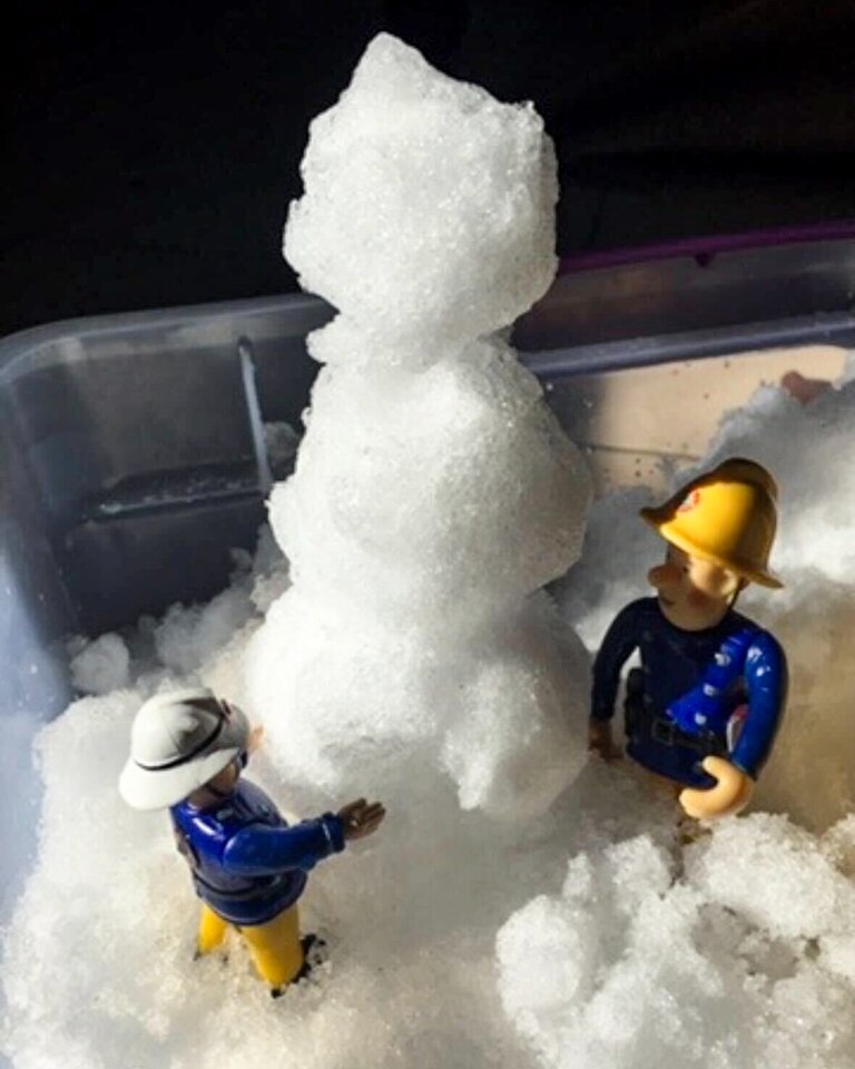 Fill a shallow plastic bin or baking dish with snow, bring it inside and let kids take their favorite toys into a miniature winter wonderland. Paw Patrol snow rescue. Dinosaurs tromping through the snow. Barbie dolls building a snowman.