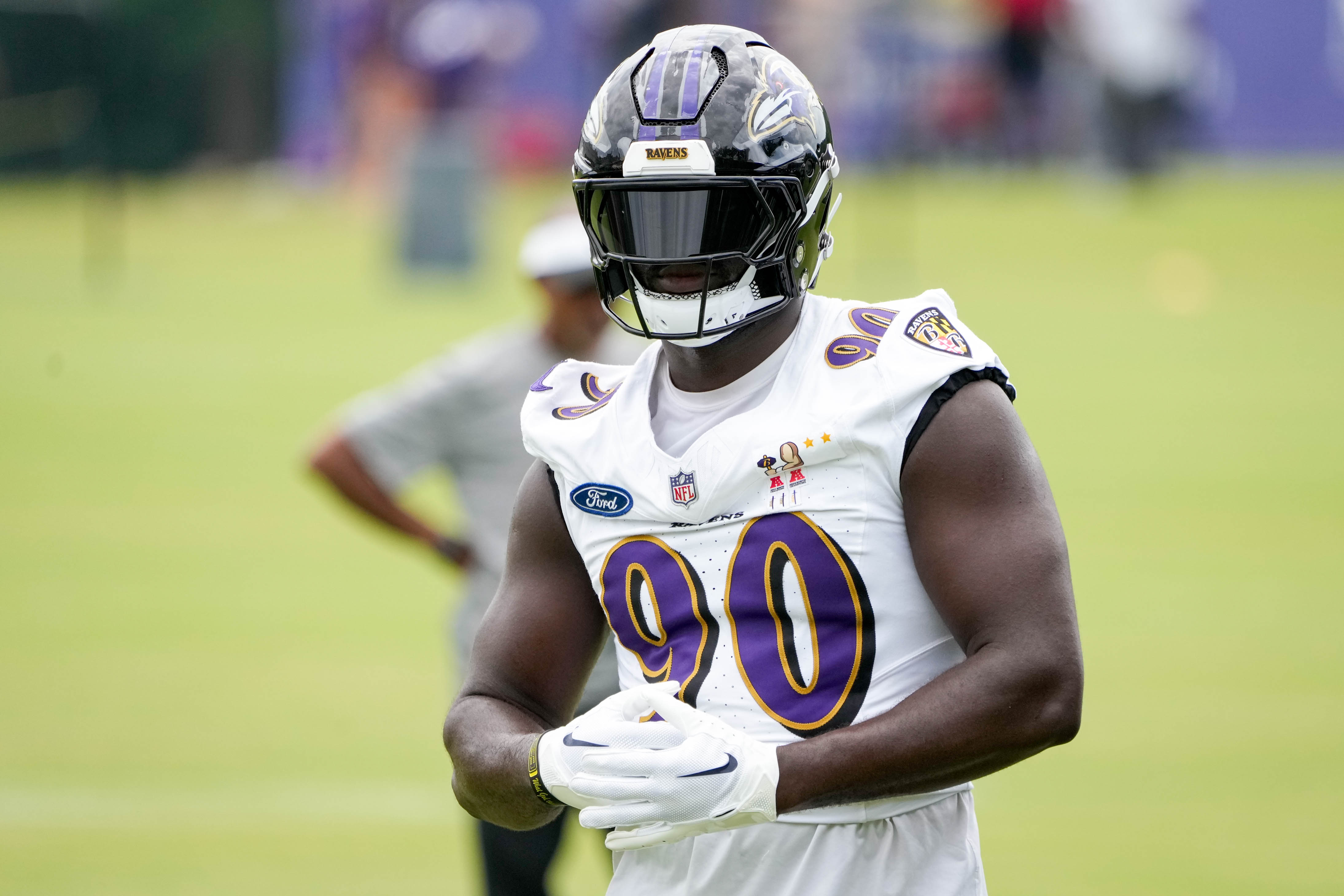 Baltimore Ravens linebacker David Ojabo (90) completes a drill during the team’s training camp session at the Under Armour Performance Center in Owings Mills, Md. on Thursday, July 24, 2025.