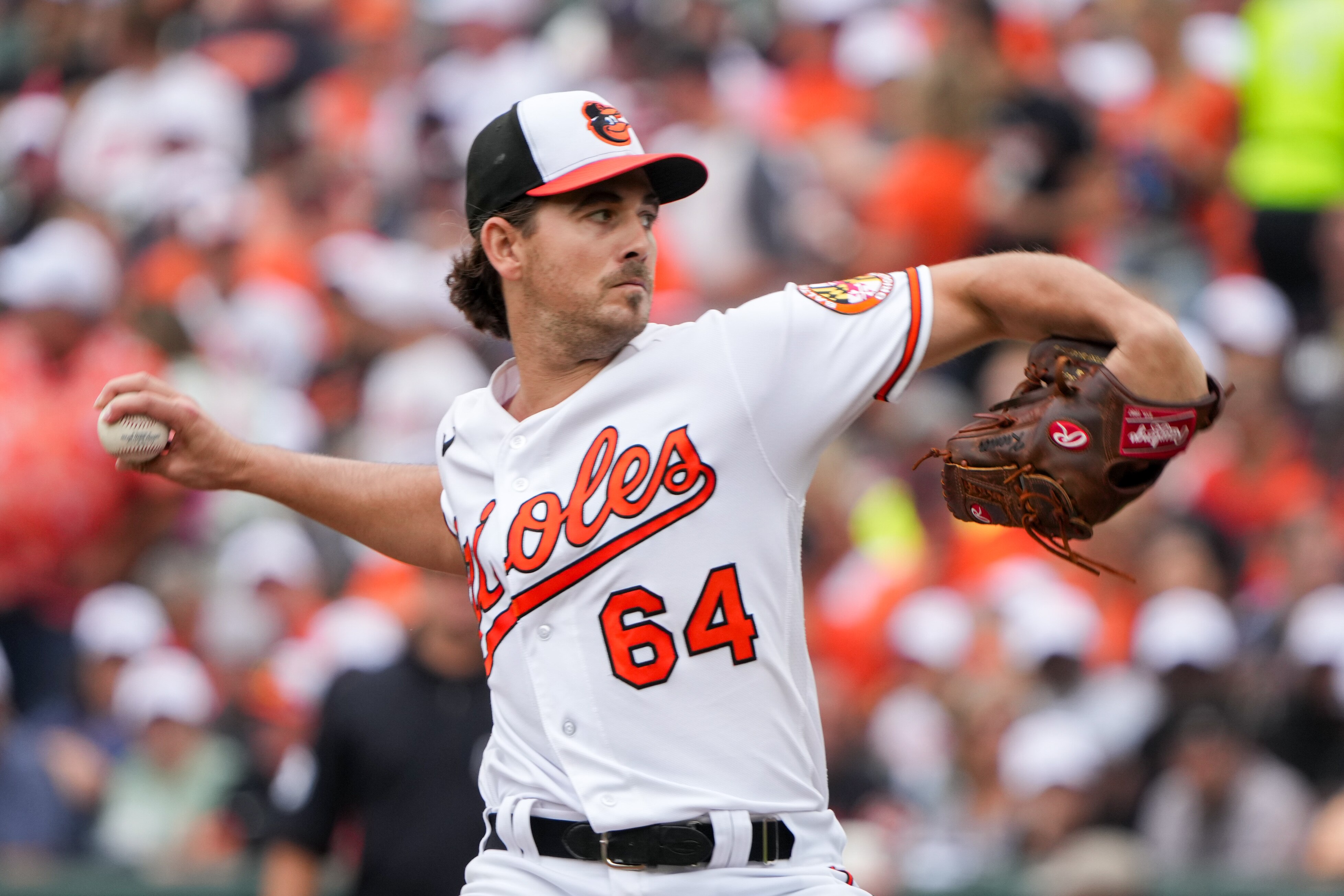 Baltimore Orioles starting pitcher Dean Kremer (64) pitches in the first inning of a baseball game against the Tampa Bay Rays on Sunday, Sept. 17, 2023.