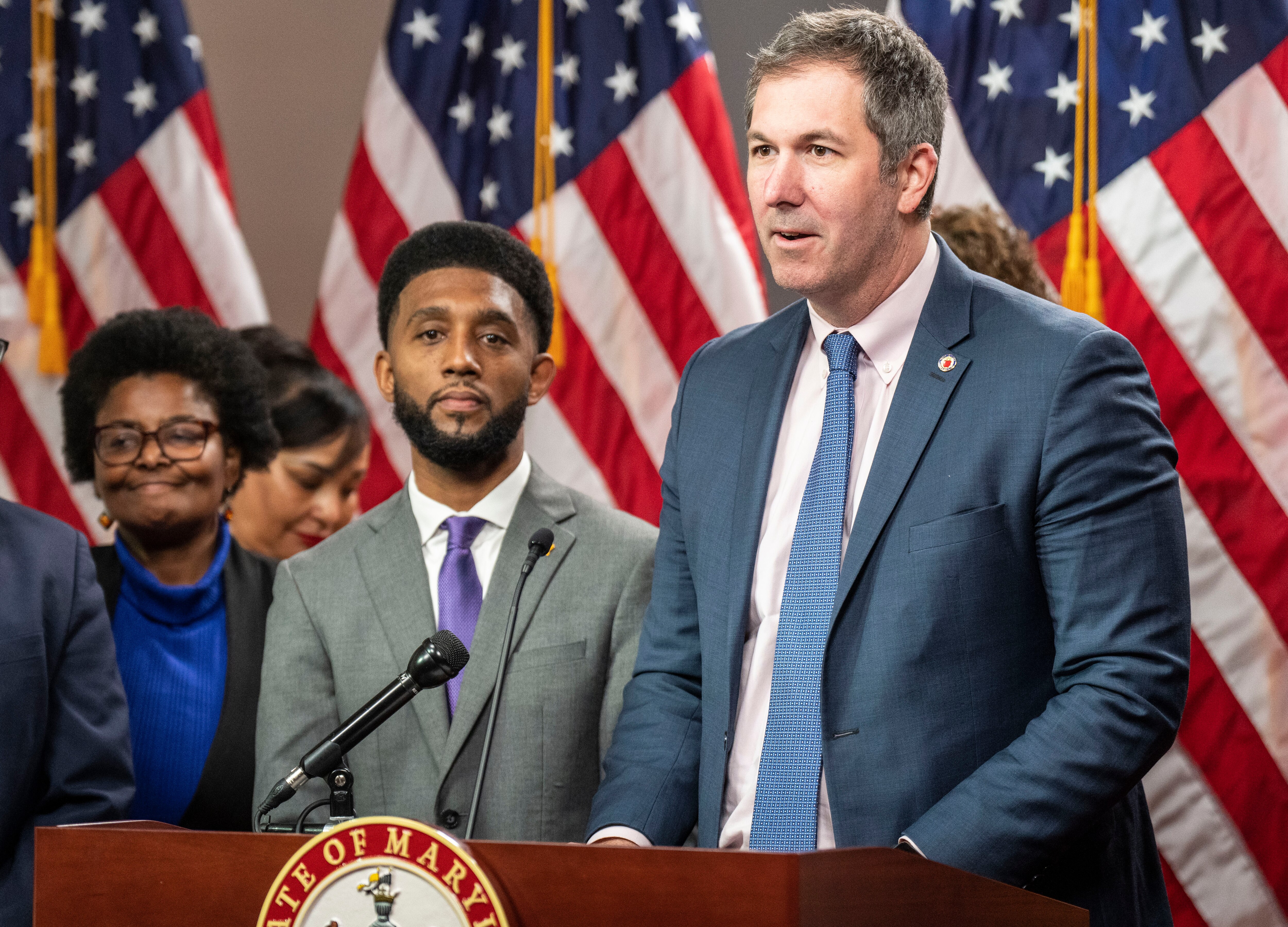 John A. Olszewski Jr., Baltimore County Executive, and Brandon Scott,  Mayor of Baltimore, take questions from the press after an announcement about legislation to create a Regional Water Governance Task Force, Tuesday, January 31, 2023.