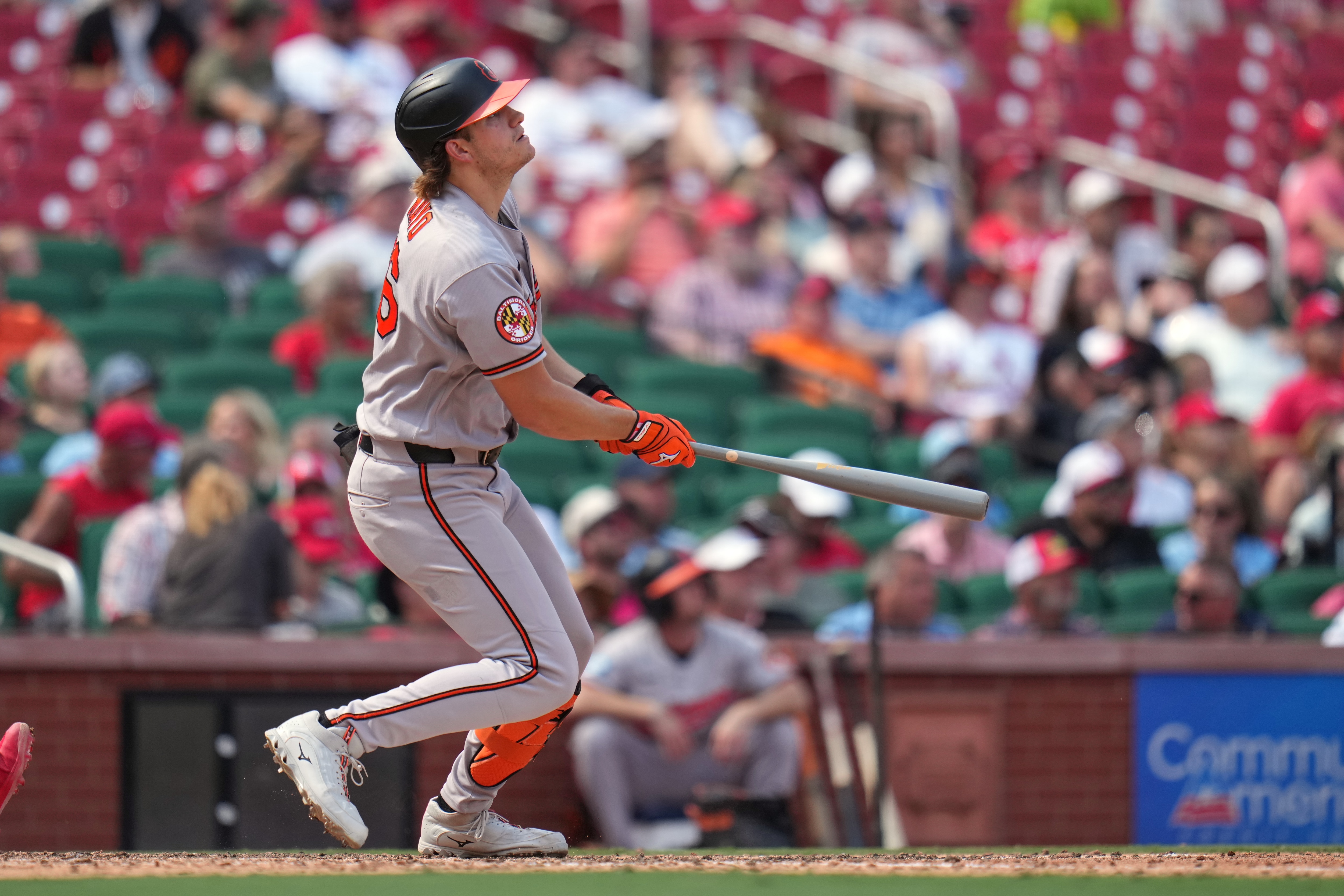 Baltimore Orioles' Coby Mayo watches his three-run home run during the seventh inning of a baseball game against the St. Louis Cardinals Thursday, Aug. 27, 2026, in St. Louis. (AP Photo/Jeff Roberson)
