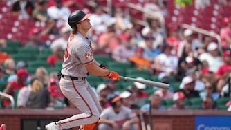 Baltimore Orioles' Coby Mayo watches his three-run home run during the seventh inning of a baseball game against the St. Louis Cardinals Thursday, Aug. 27, 2026, in St. Louis. (AP Photo/Jeff Roberson)